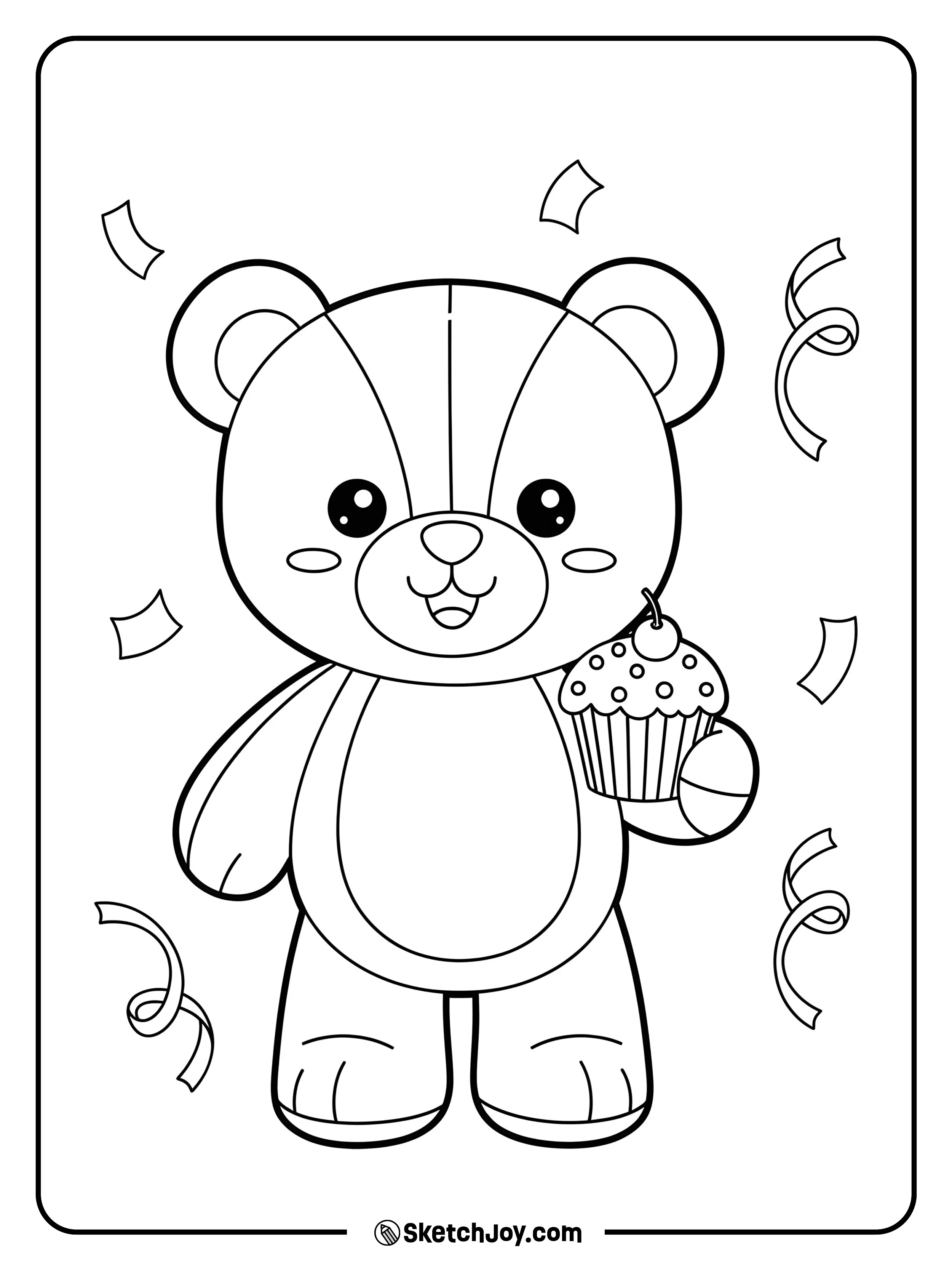 A teddy wears a party hat and holds a tiny cupcake with a candle.