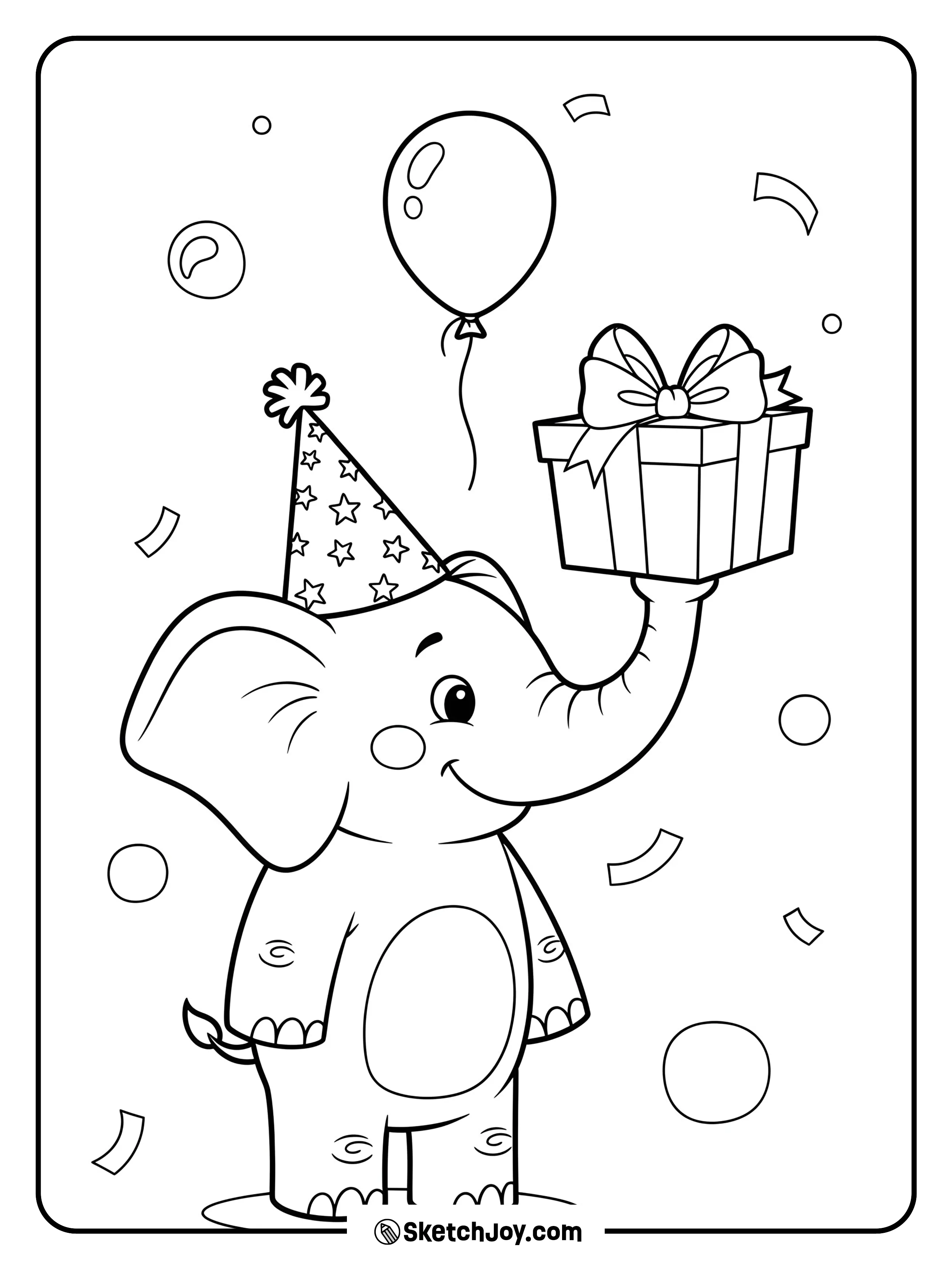 A happy elephant wears a party hat and holds a wrapped gift with its trunk.