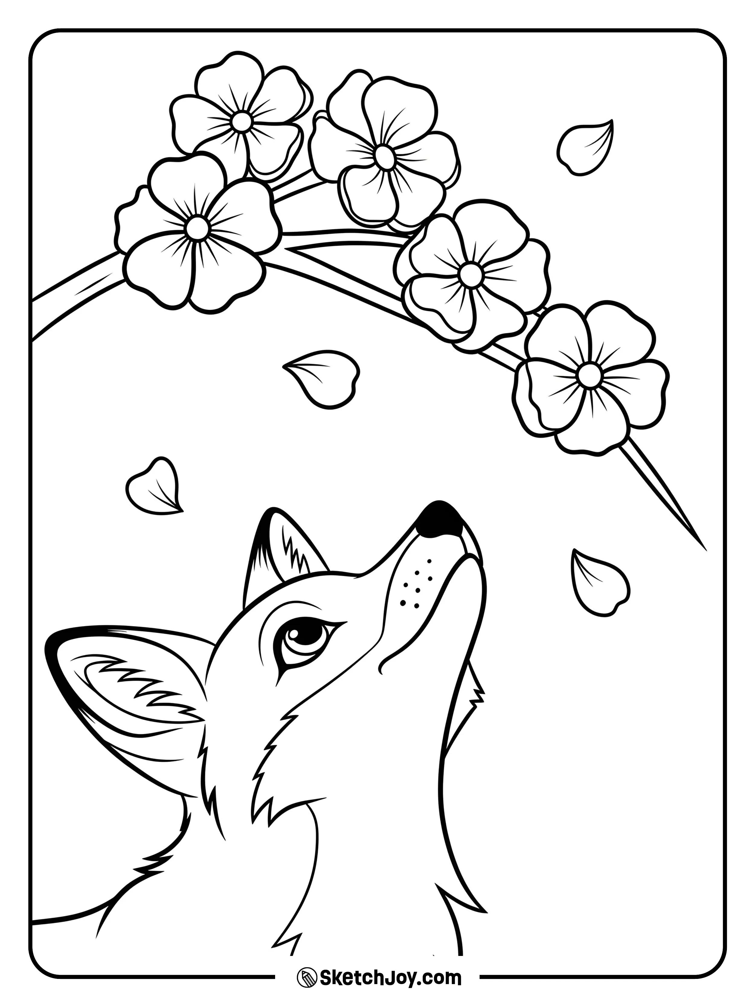A fox sniffs a falling petal beneath a branch of spring blossoms.