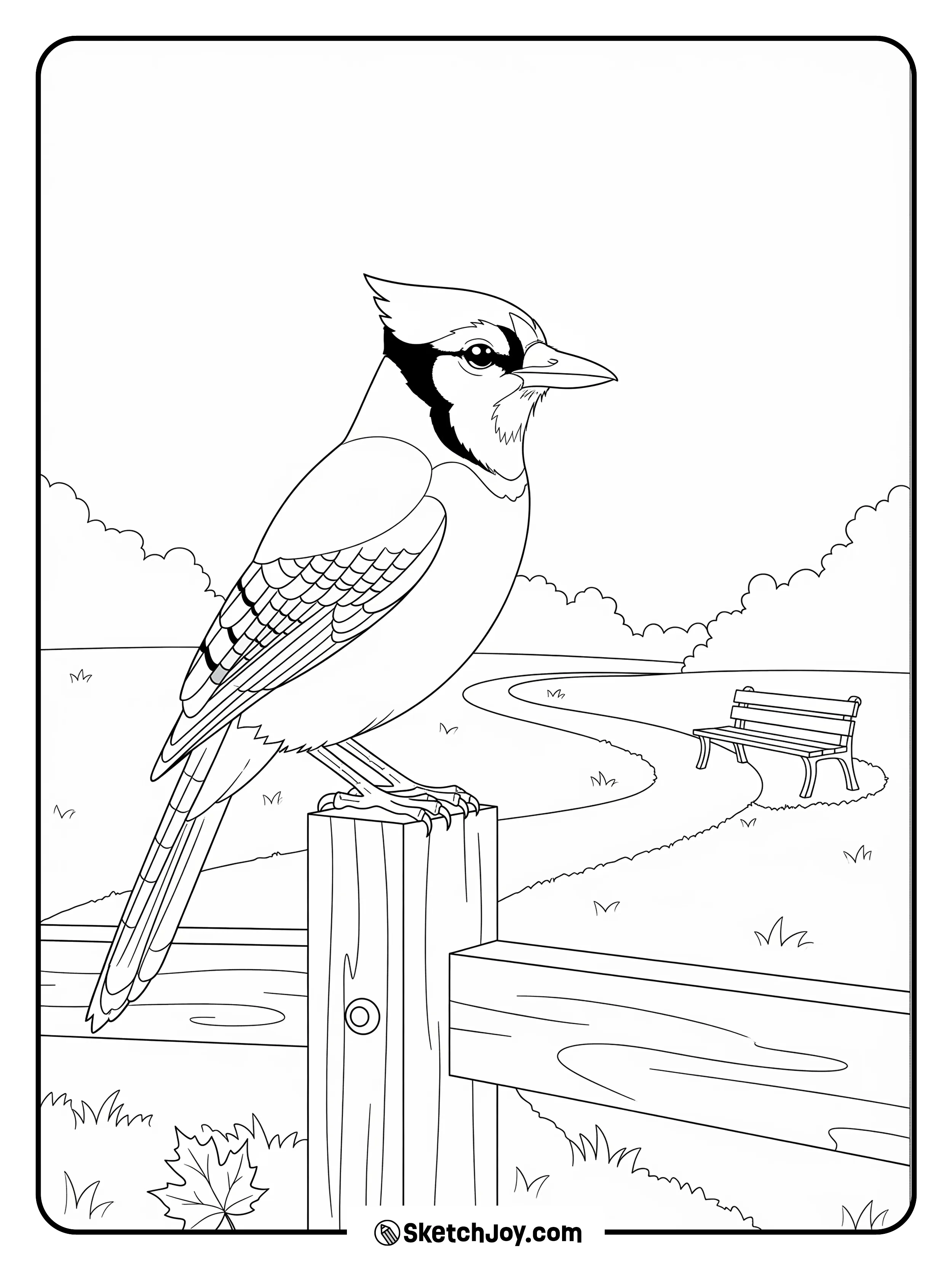 A lively jay rests near a park path.