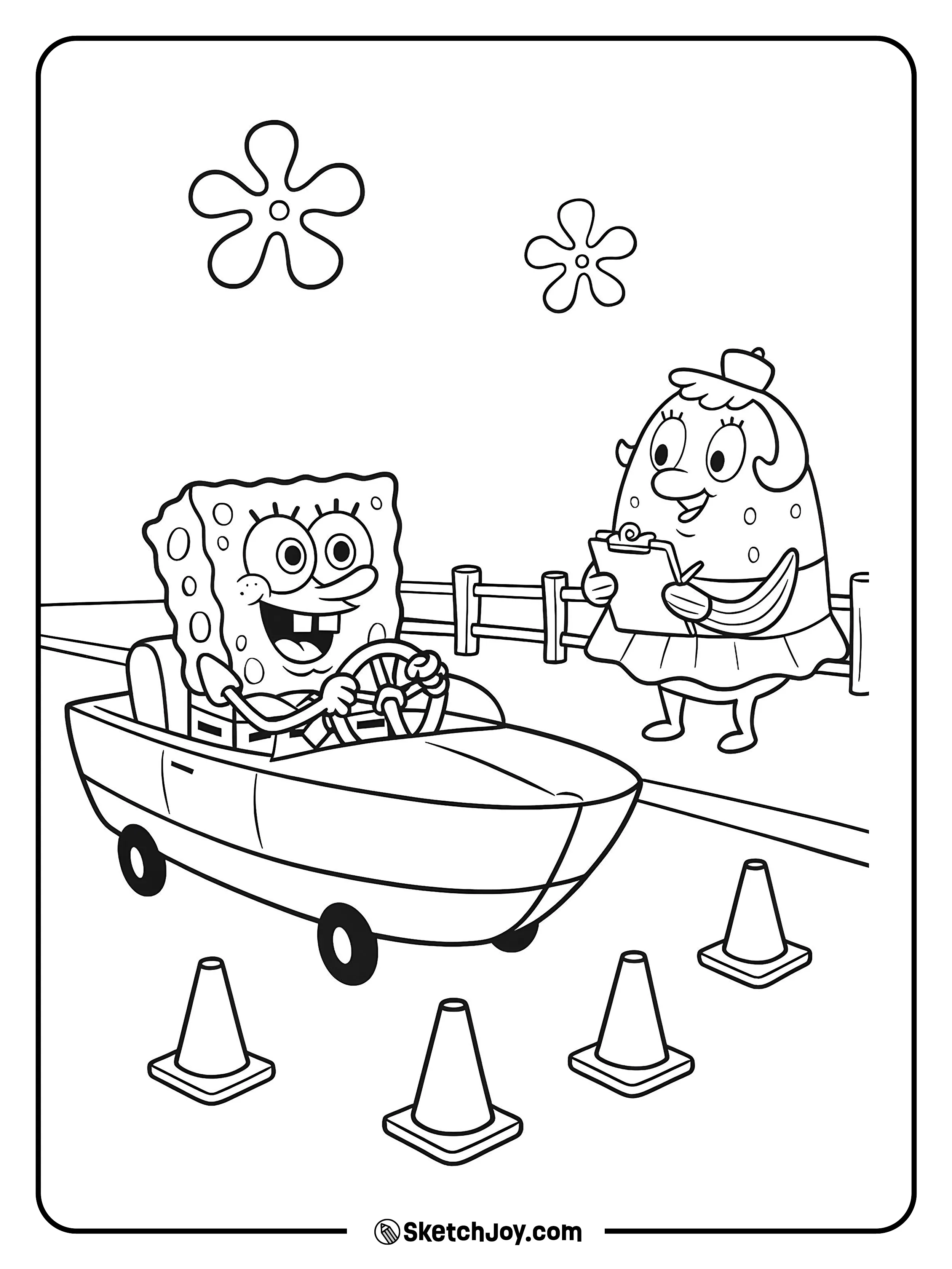 SpongeBob grips a wheel in a small boatmobile by a few traffic cones.