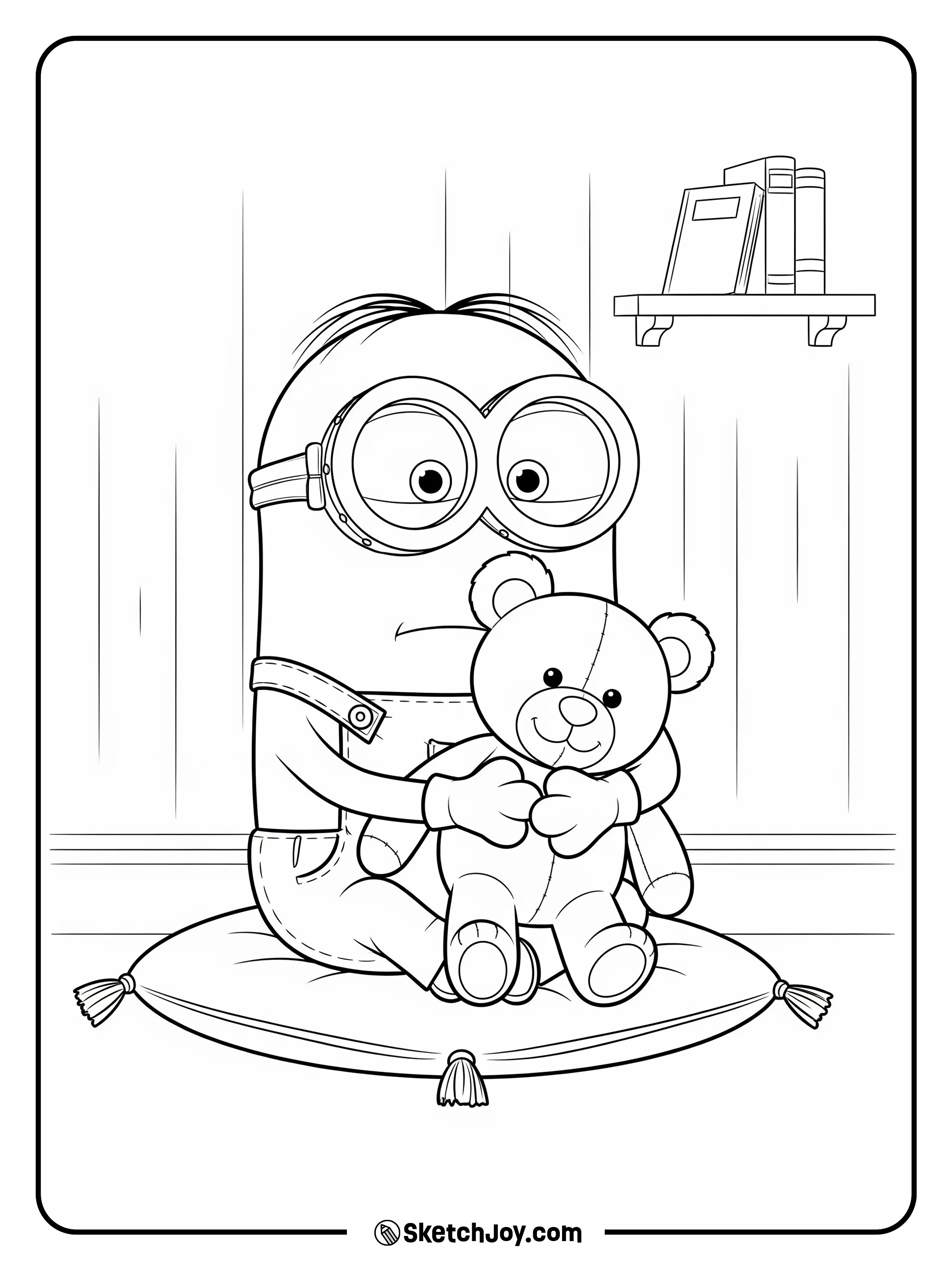 Bob hugs his teddy while sitting on a cushion.