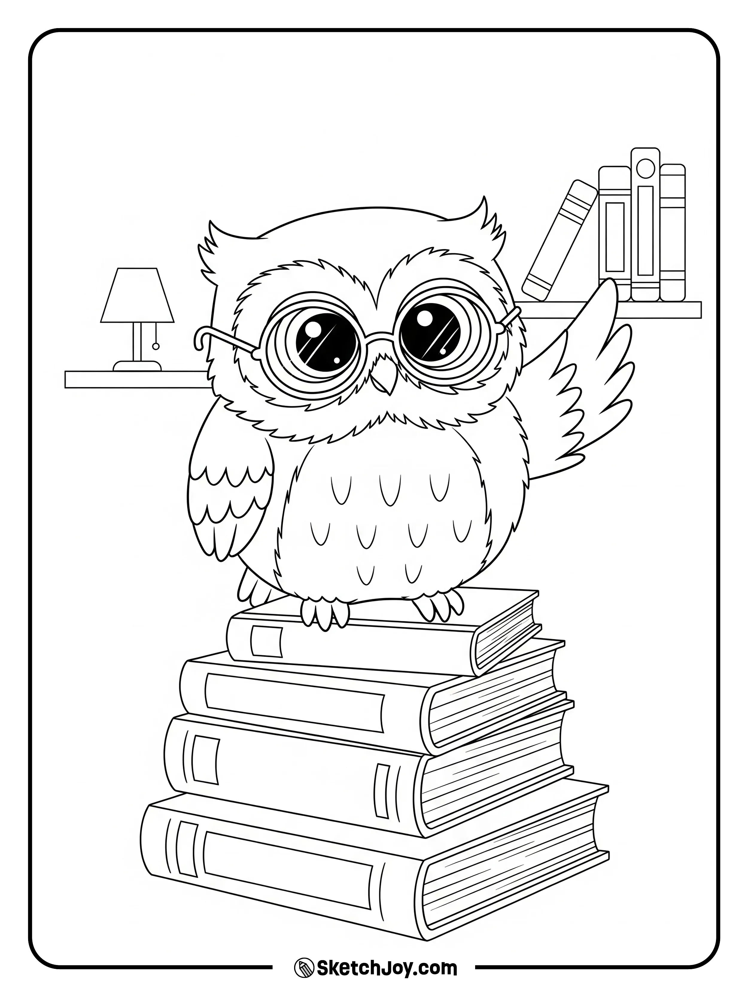An owl sits on a small stack of books with a tiny lamp nearby.
