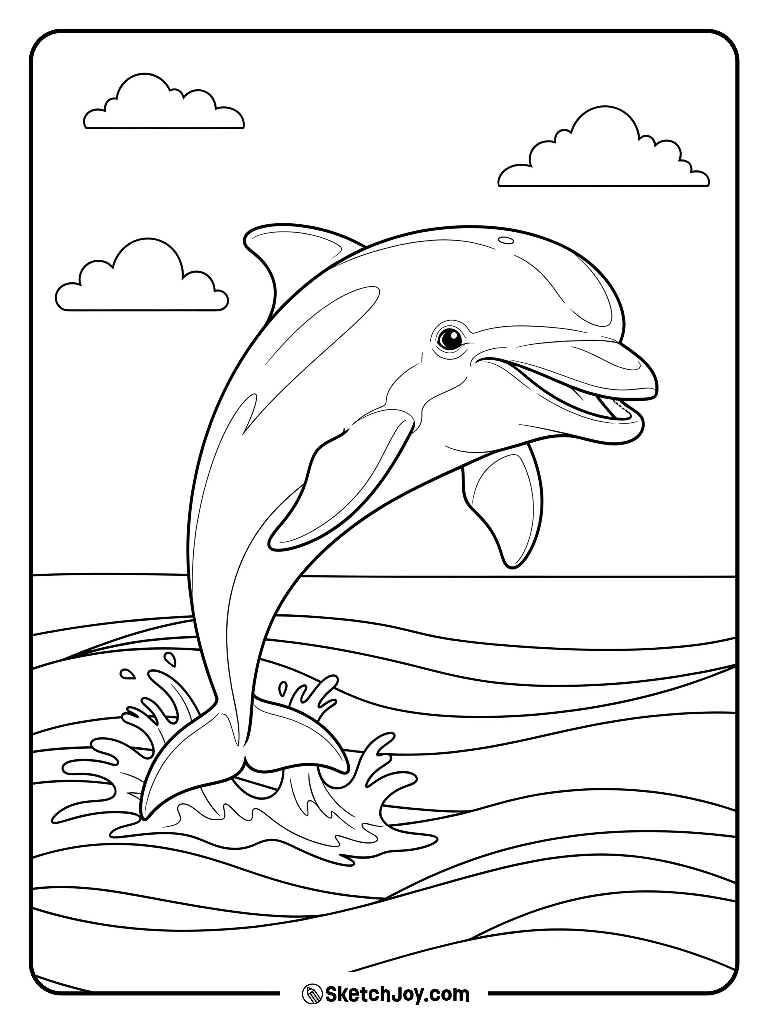 A lively bottlenose jumps above calm water.