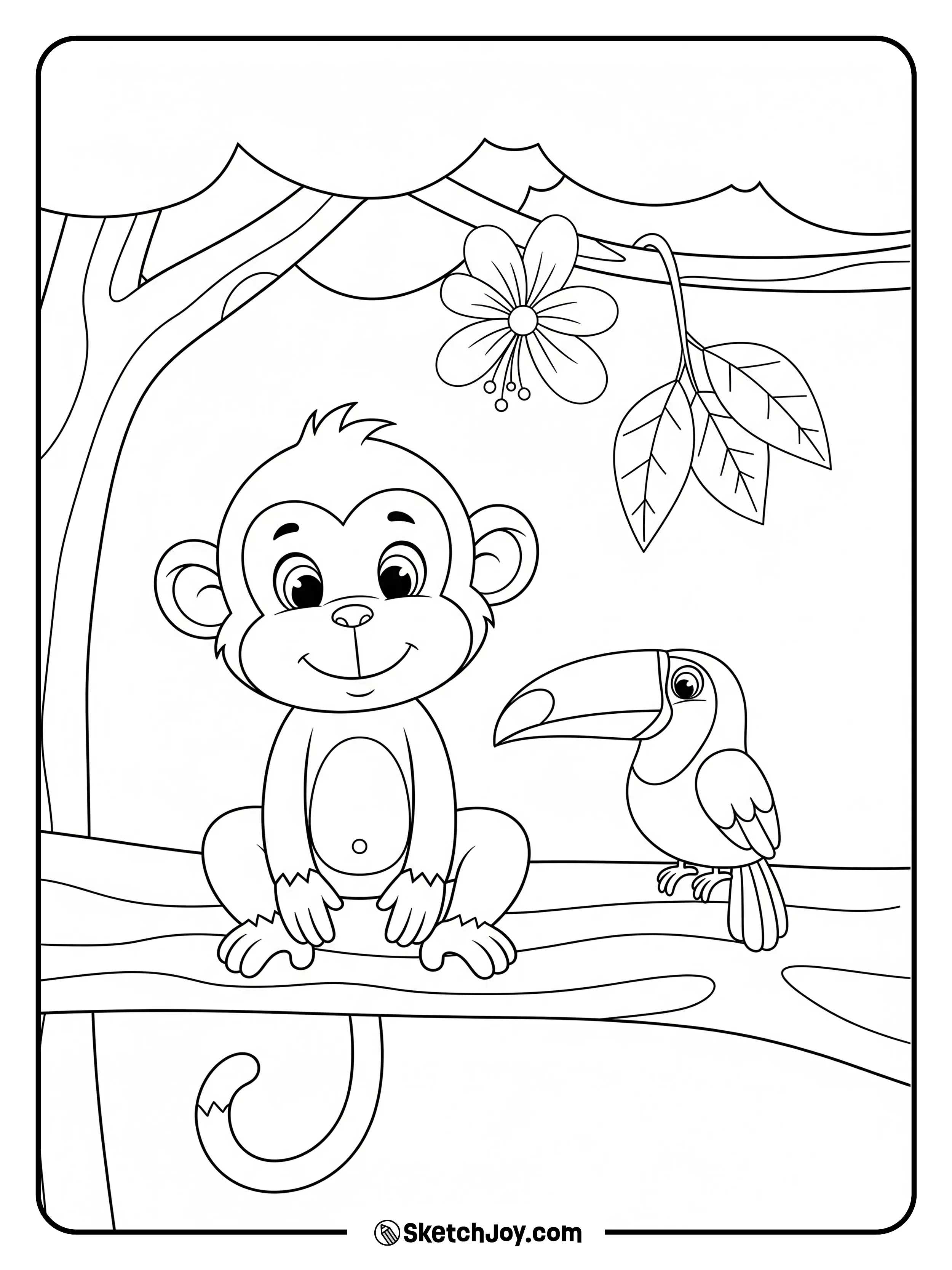 A monkey and a toucan share one branch.