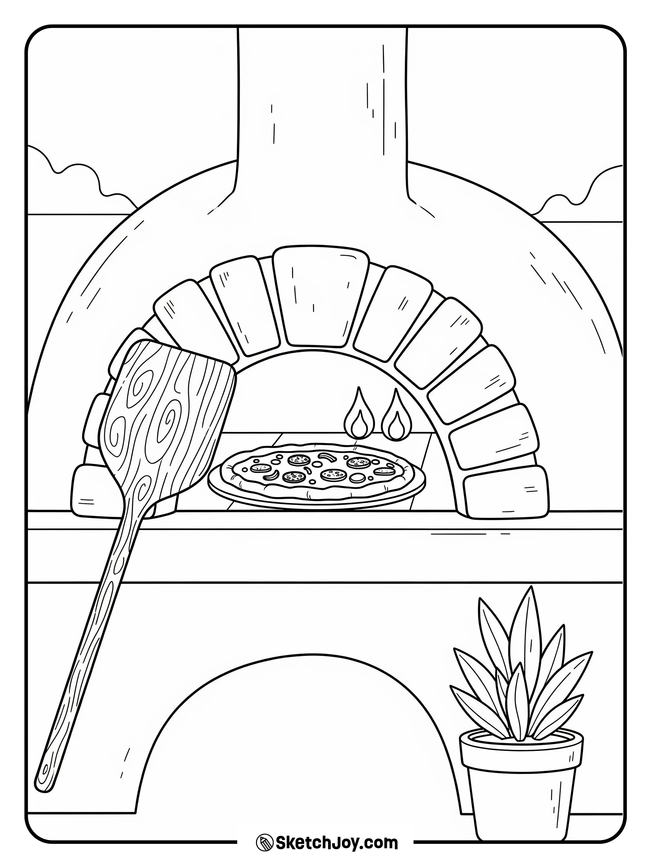 A pie bakes inside a simple stone oven arch.