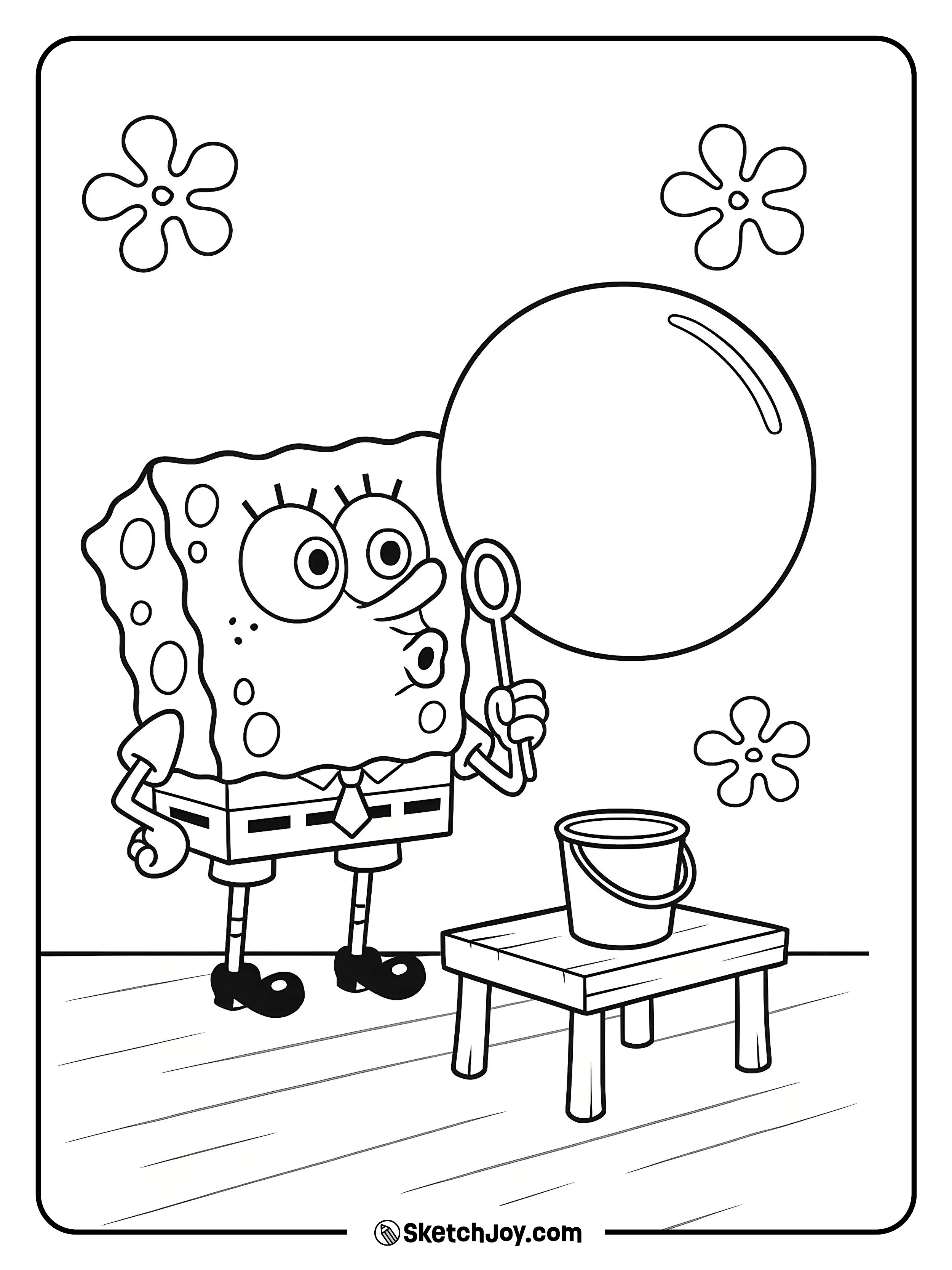 SpongeBob blows a huge bubble.