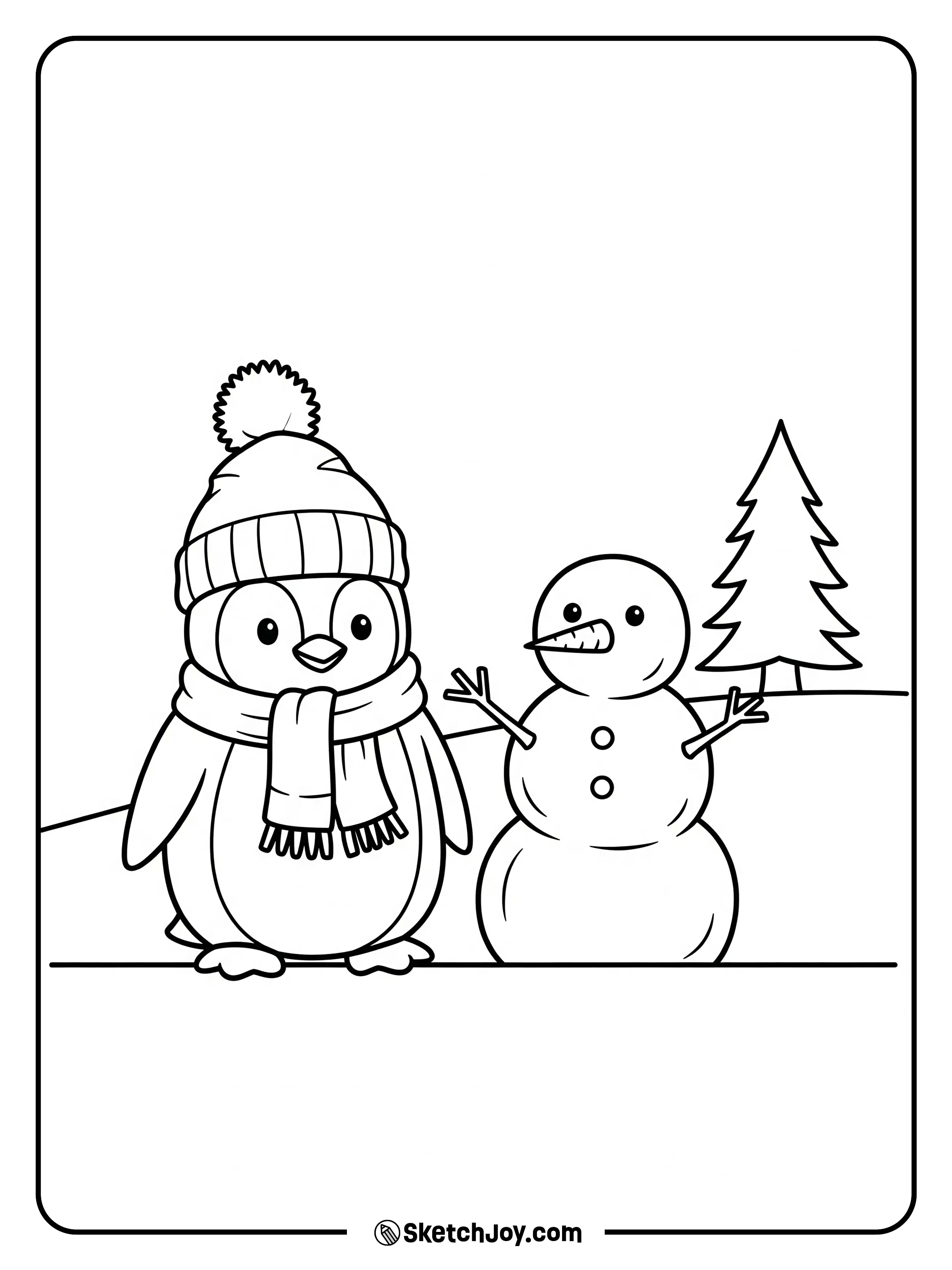 A penguin pats a short snowman with a carrot nose.