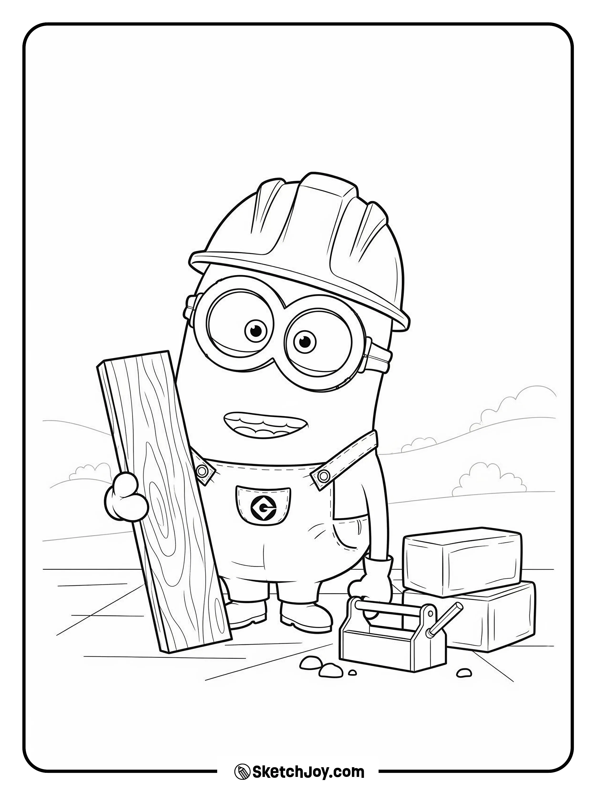 A Minion lifts a small plank near two stacked bricks and a toolbox.
