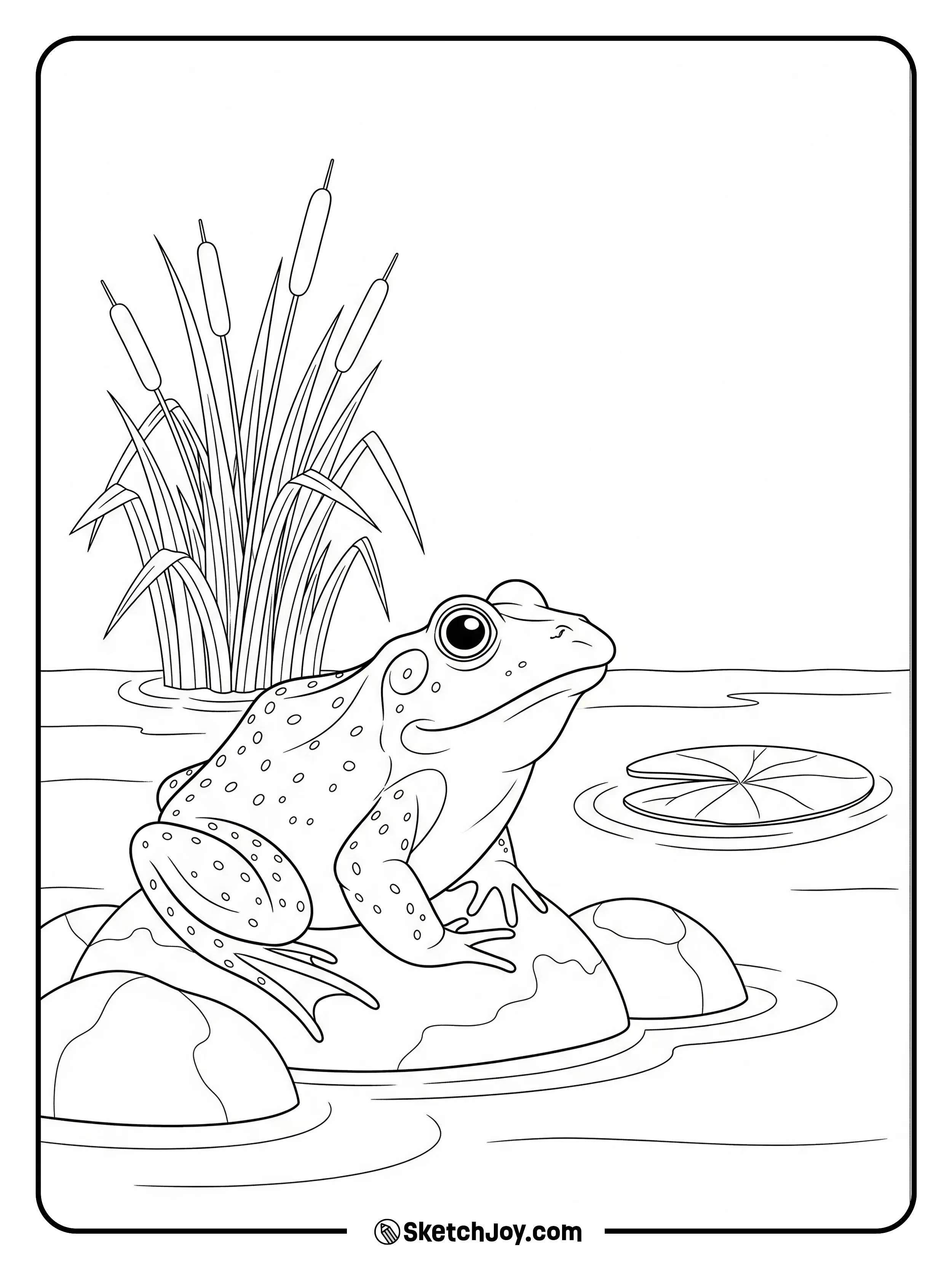 A big frog rests on smooth stones near slow water.