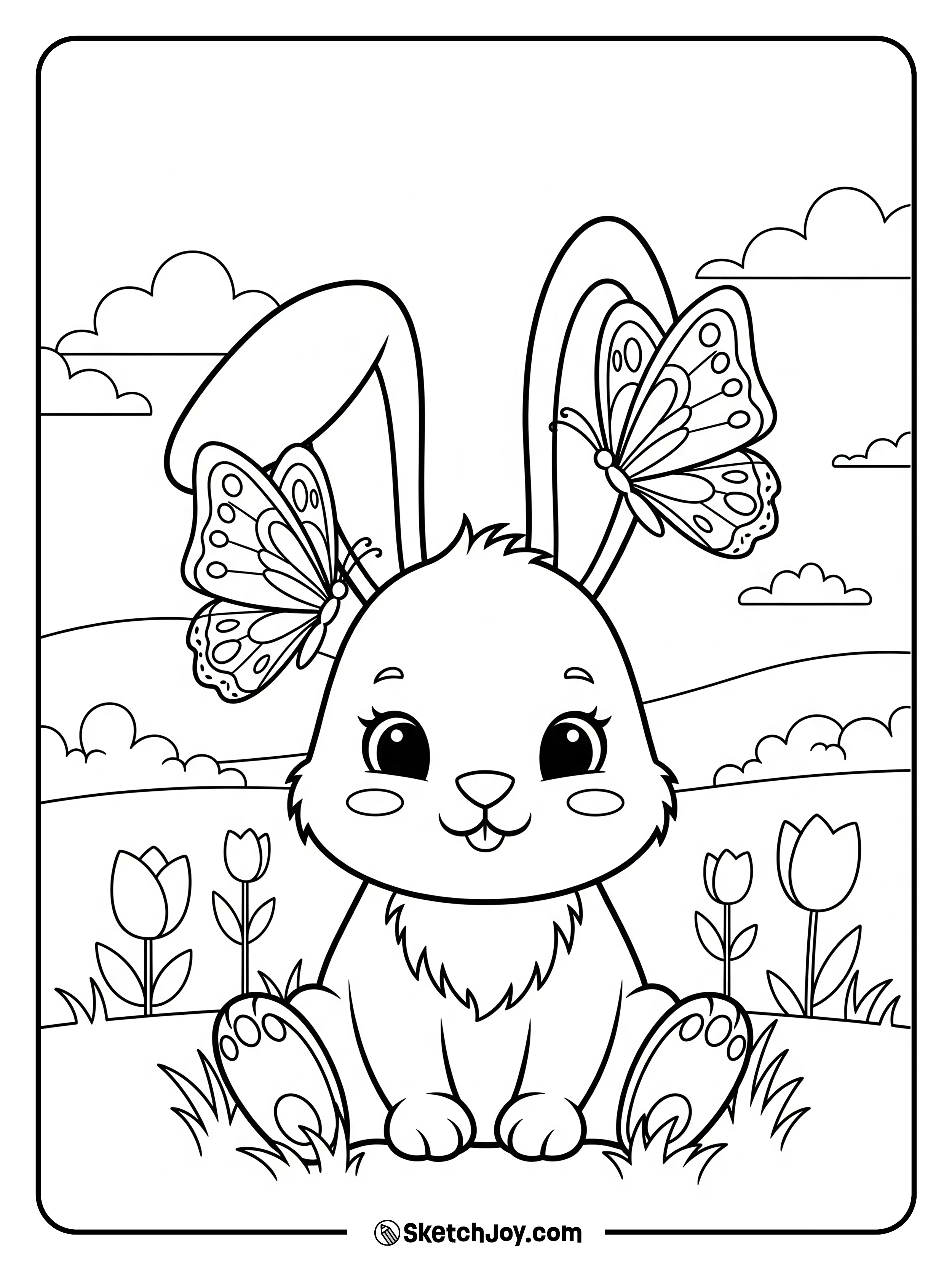 A sweet bunny sits in fresh grass while two butterflies hover nearby.