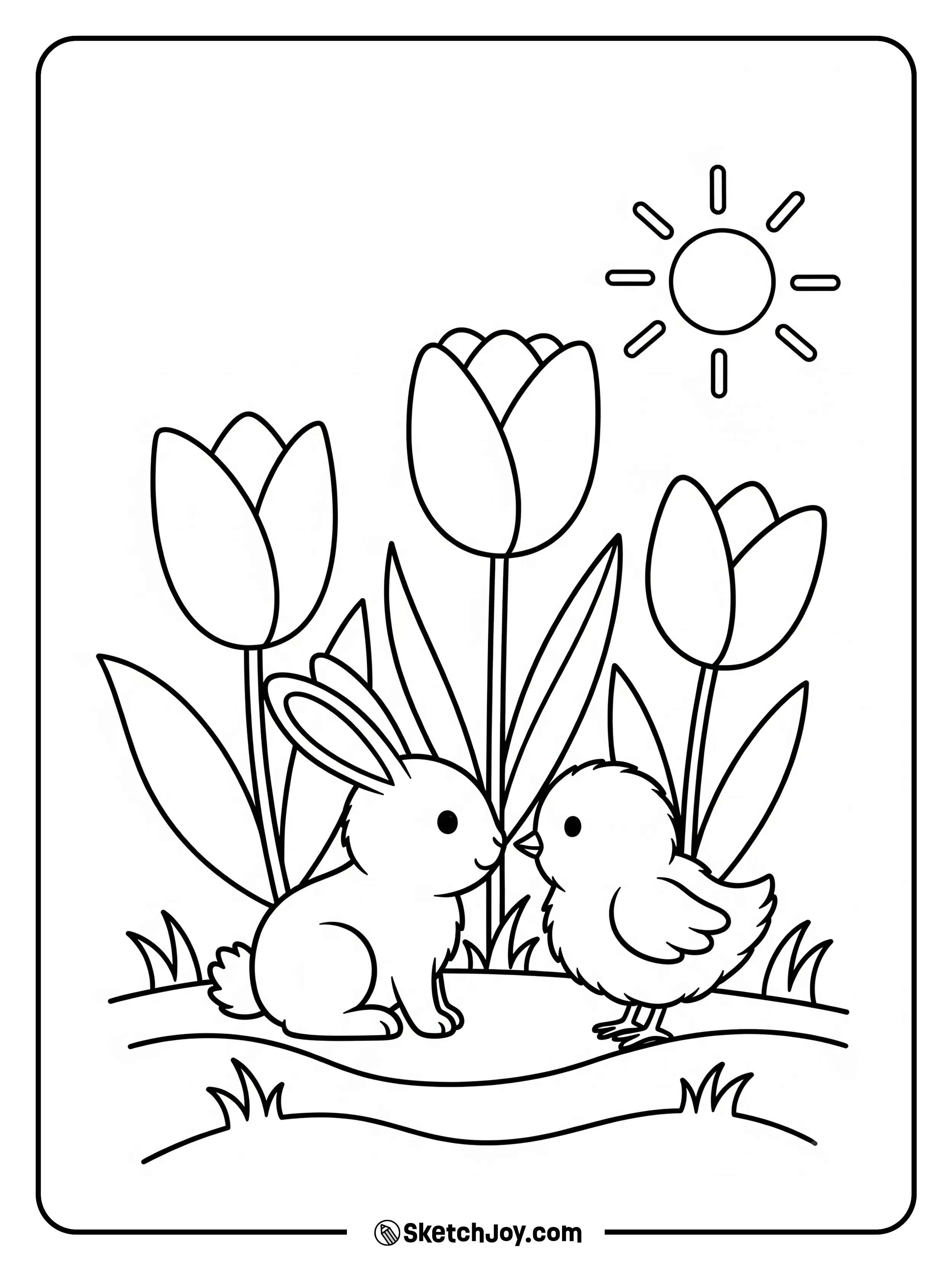 A small bunny and a fluffy chick explore tulips.
