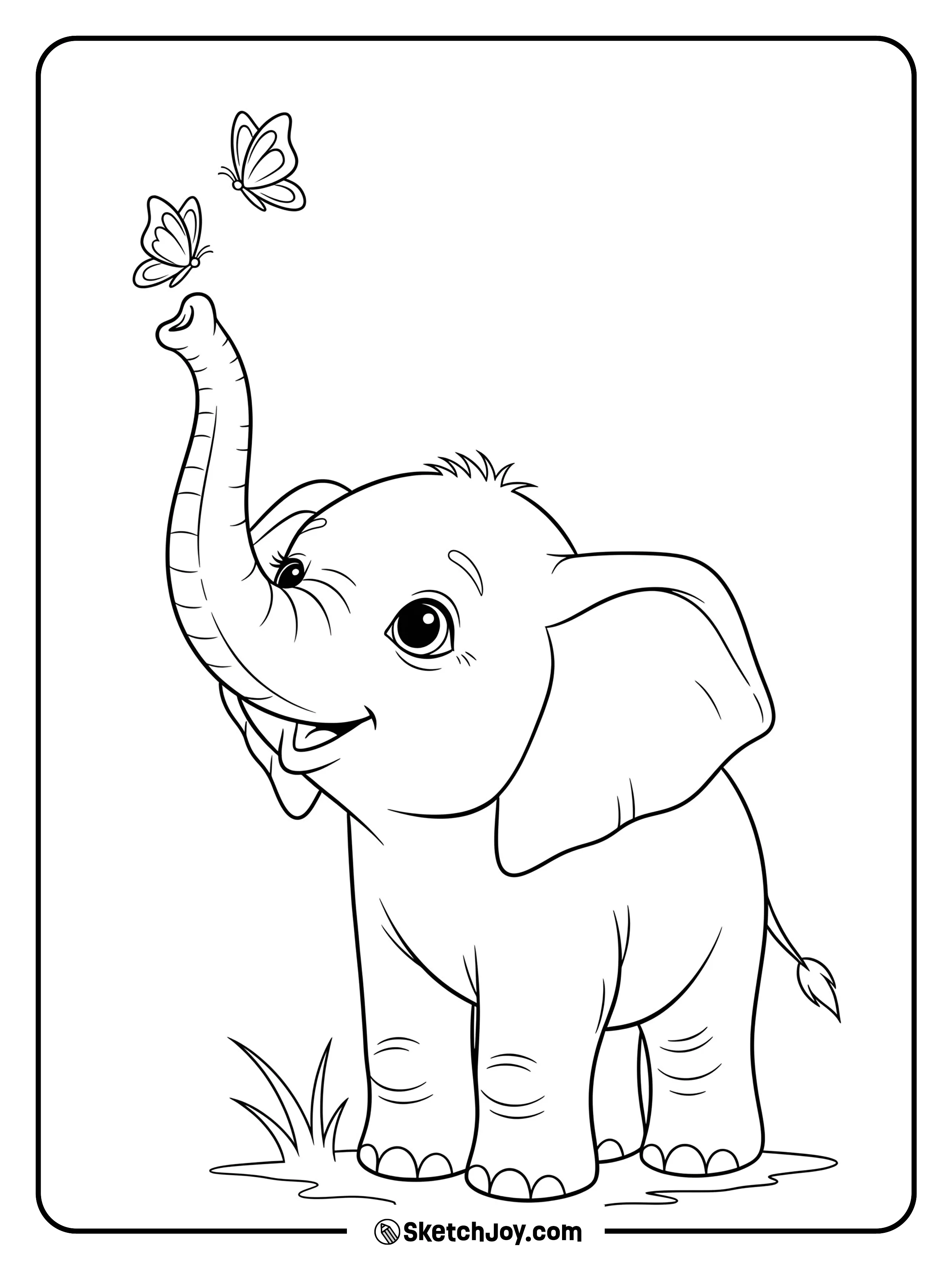 A gentle elephant lifts its trunk as two butterflies hover near the tip.