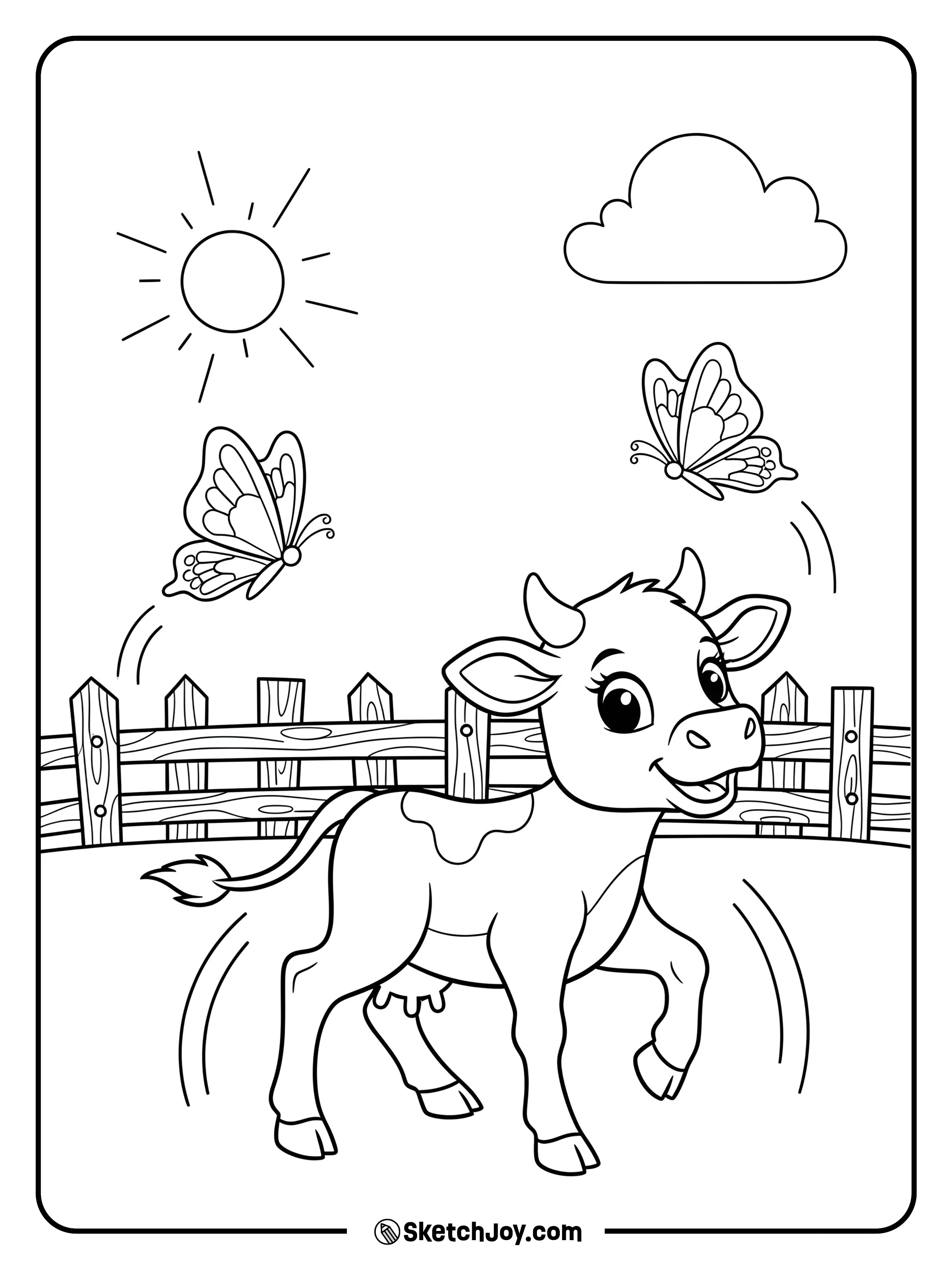 A calf trots after two butterflies near a fence.