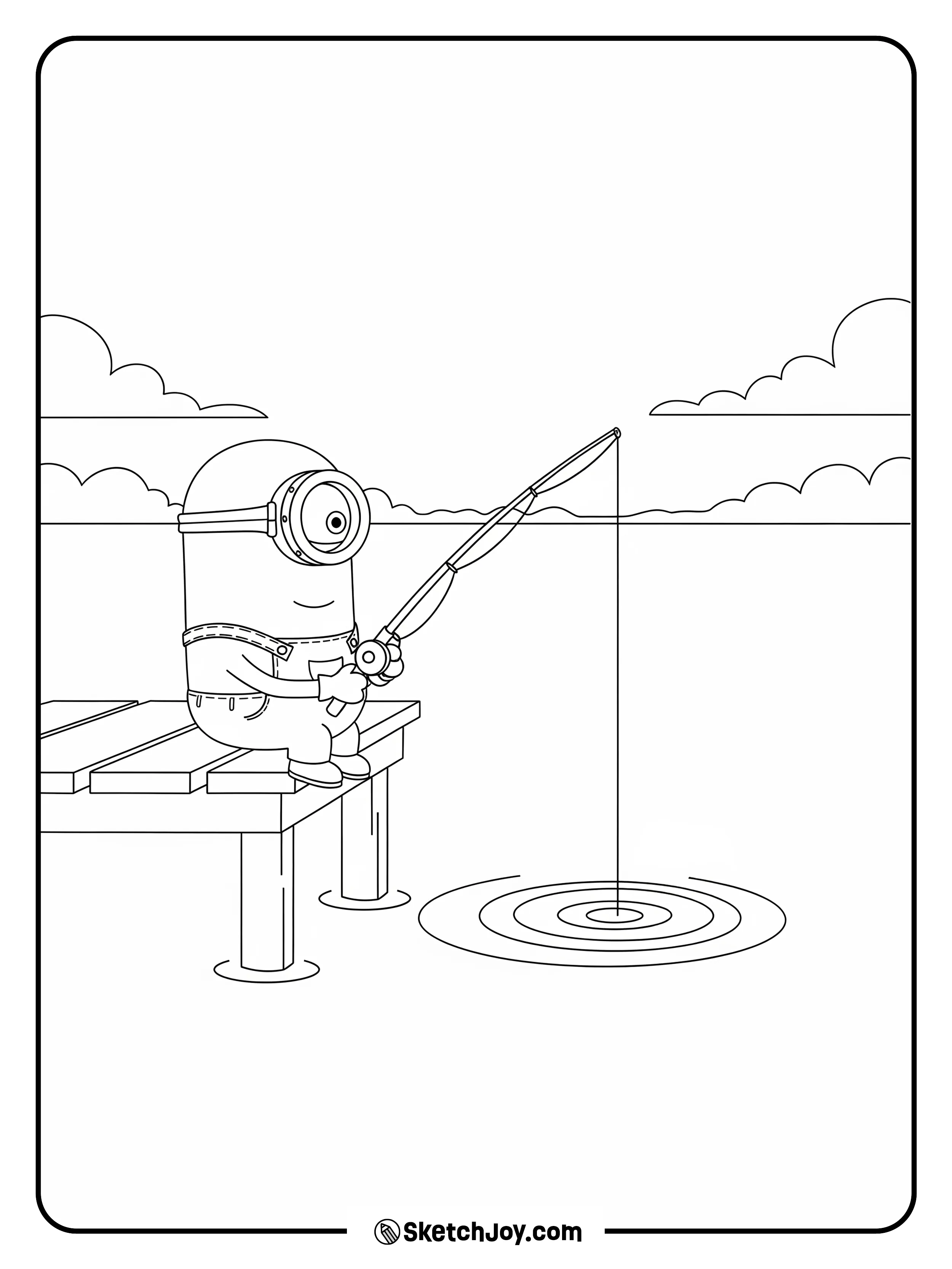A Minion holds a short rod from a pier.