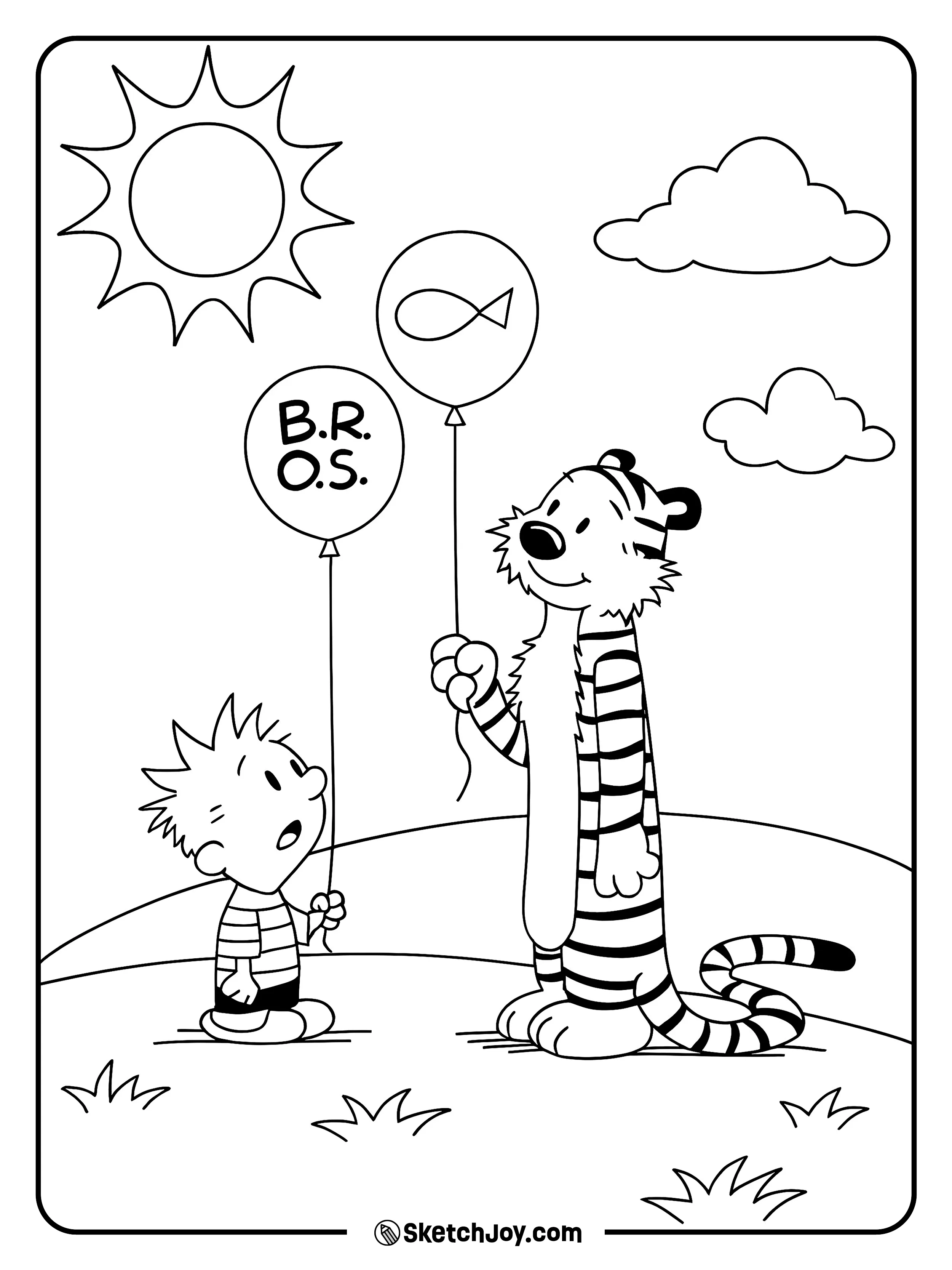 Calvin looks up while Hobbes smiles and holds a balloon.