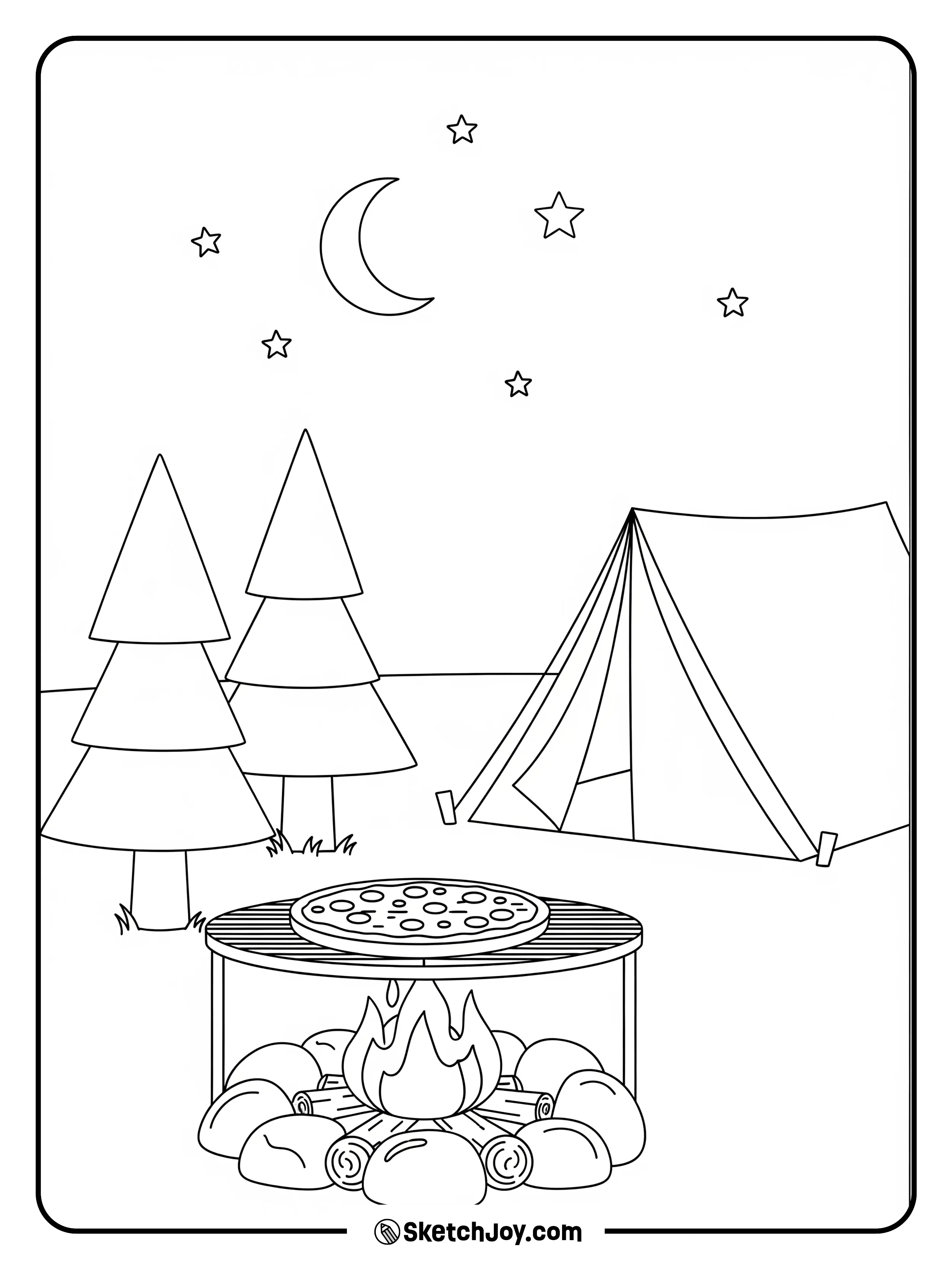 Campfire with a pan pizza on a grill.