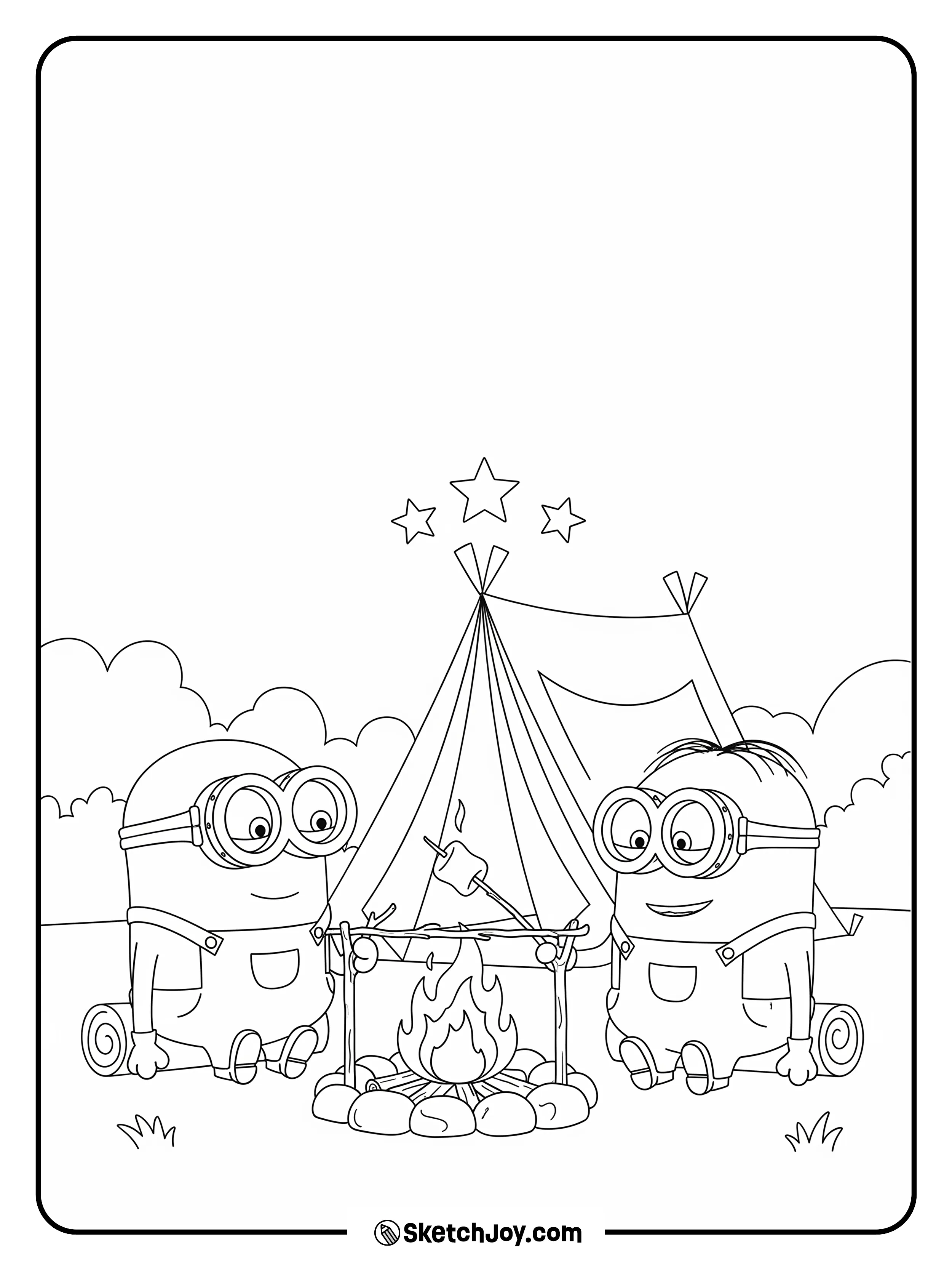 Two Minions sit by a tiny tent and toast one marshmallow on a stick.