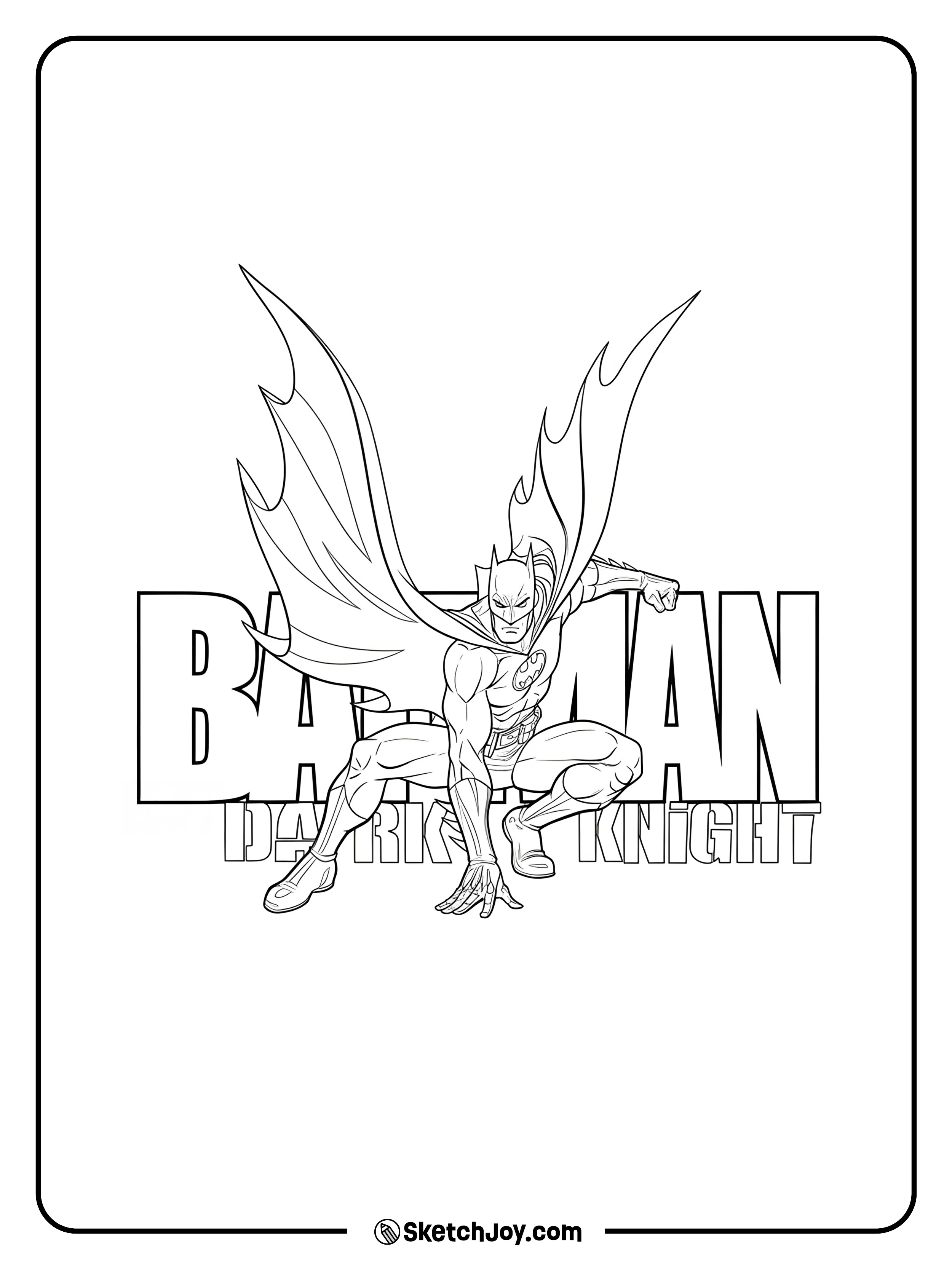 Batman lands low in front of huge block letters.