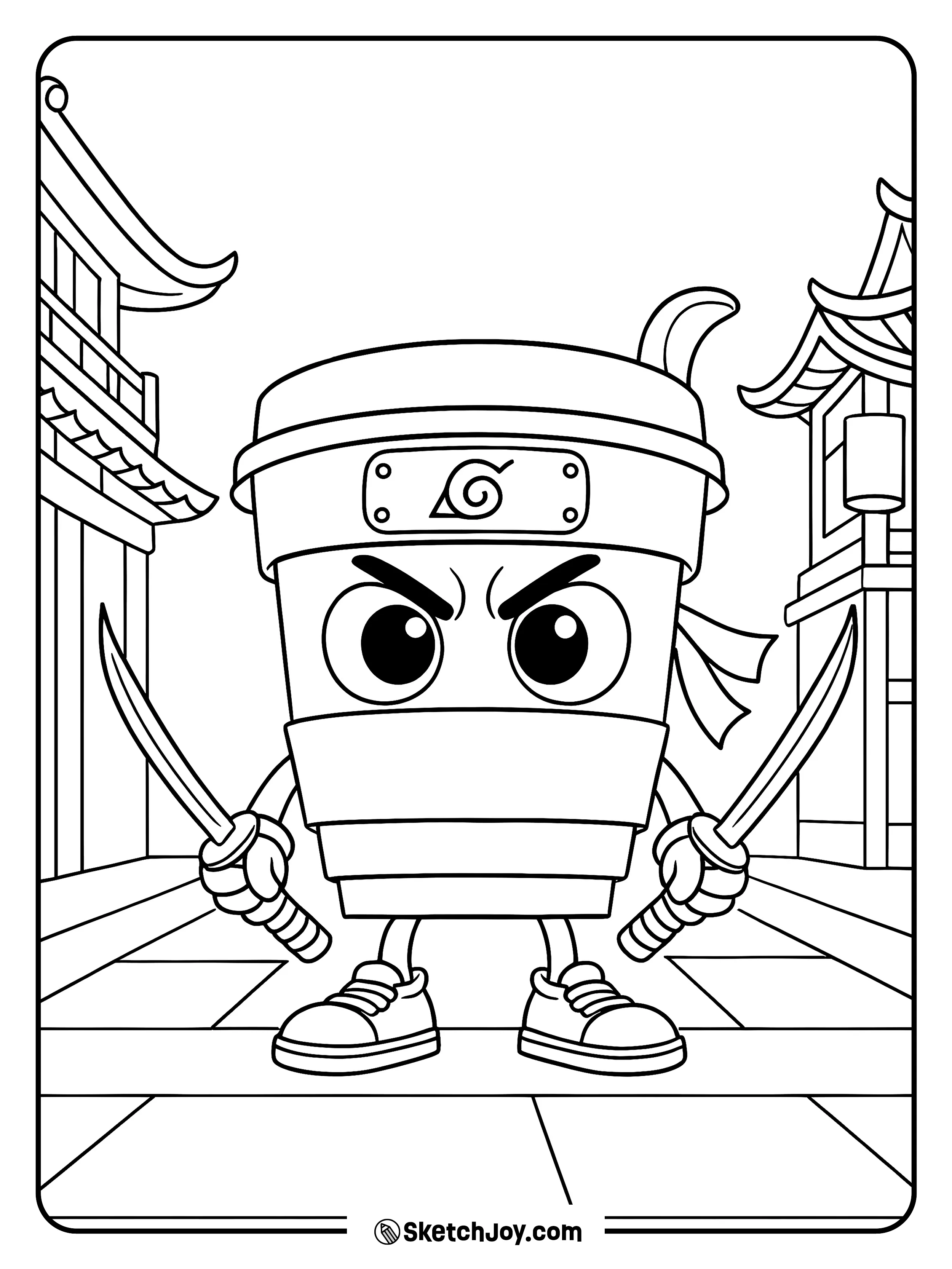 Cappuccino Assassino standing with two swords in the city.