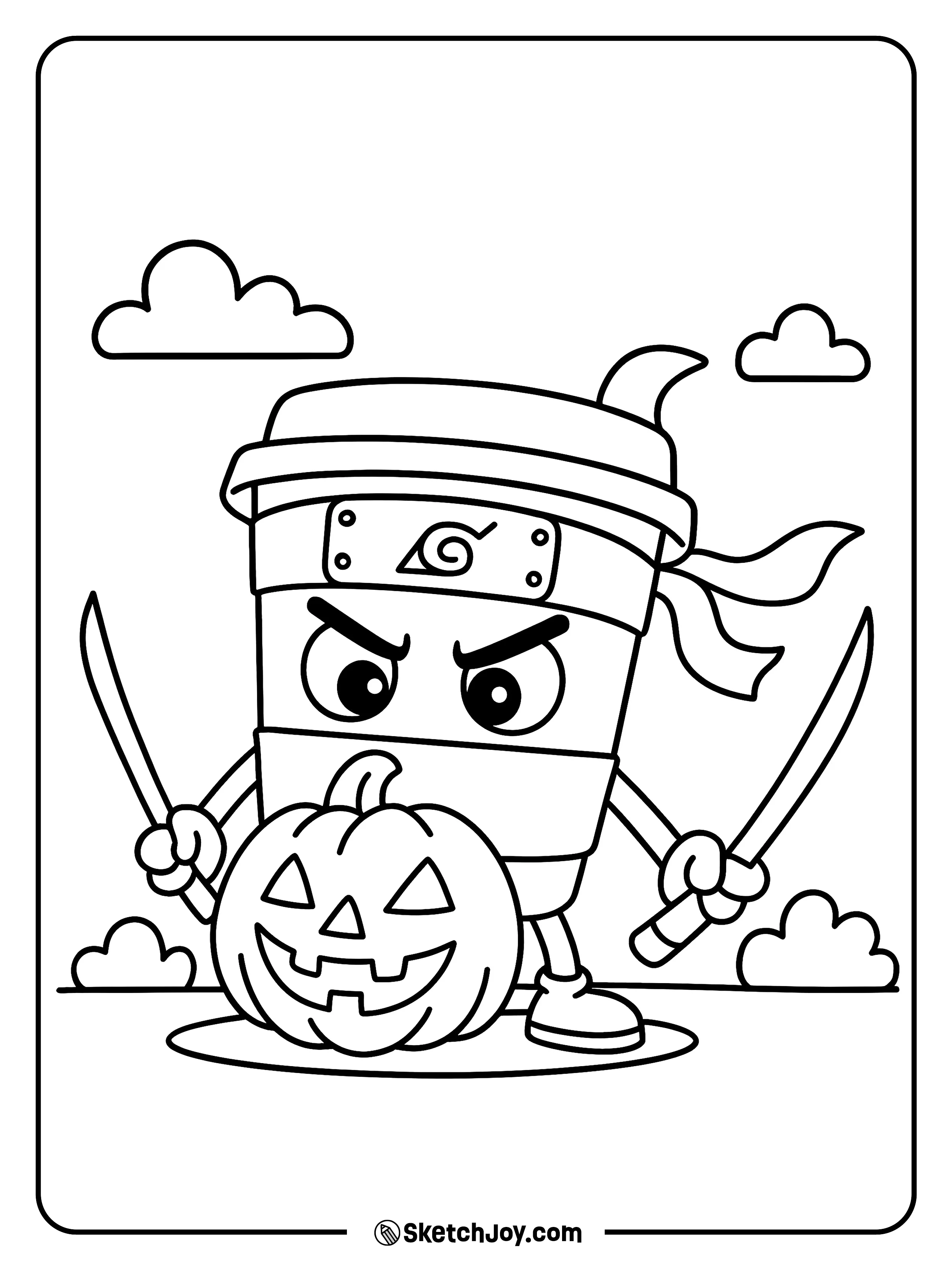 Cappuccino Assassino holding two swords by a Halloween pumpkin.