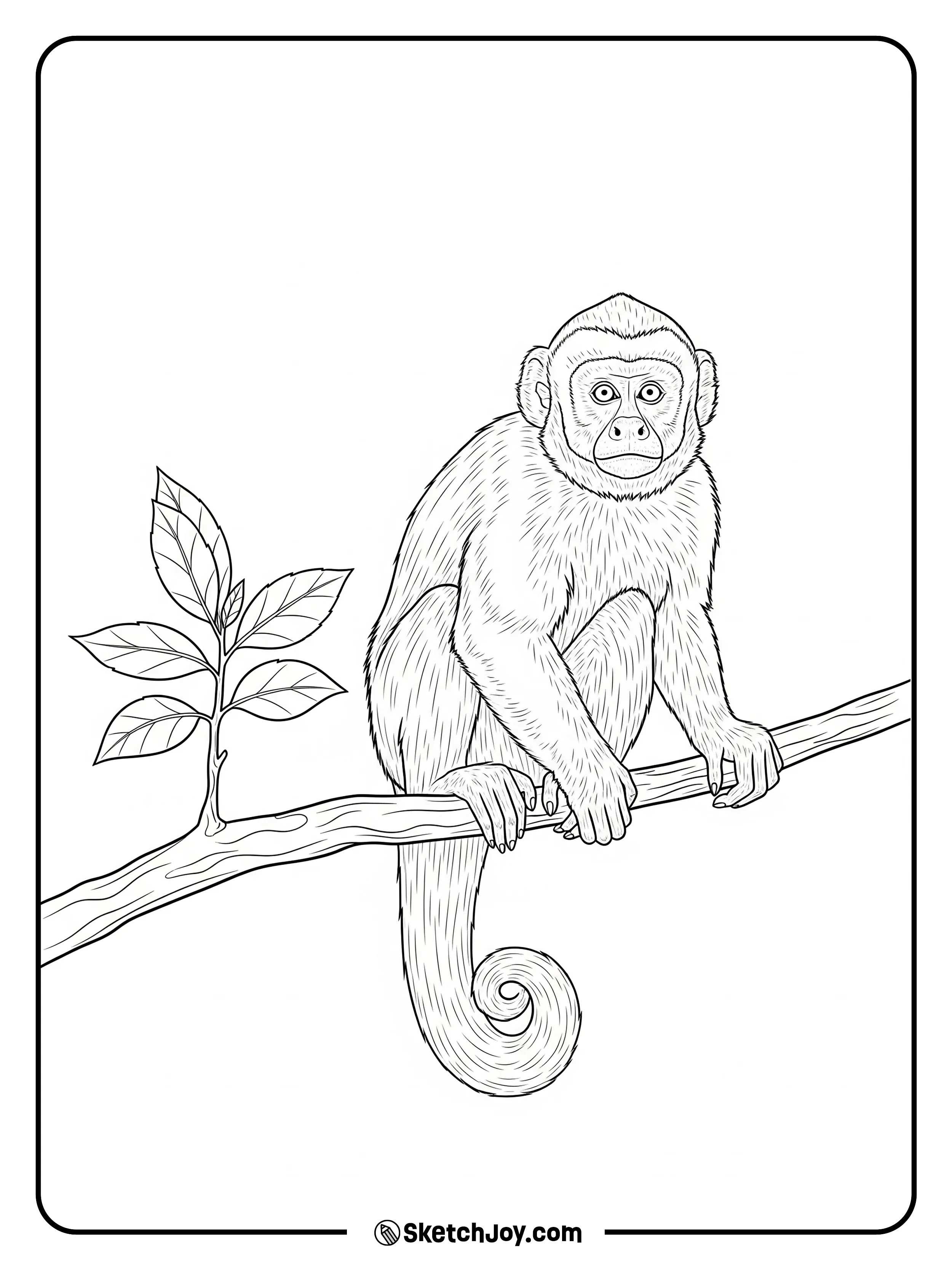 A capuchin sits on a twig and looks ahead.