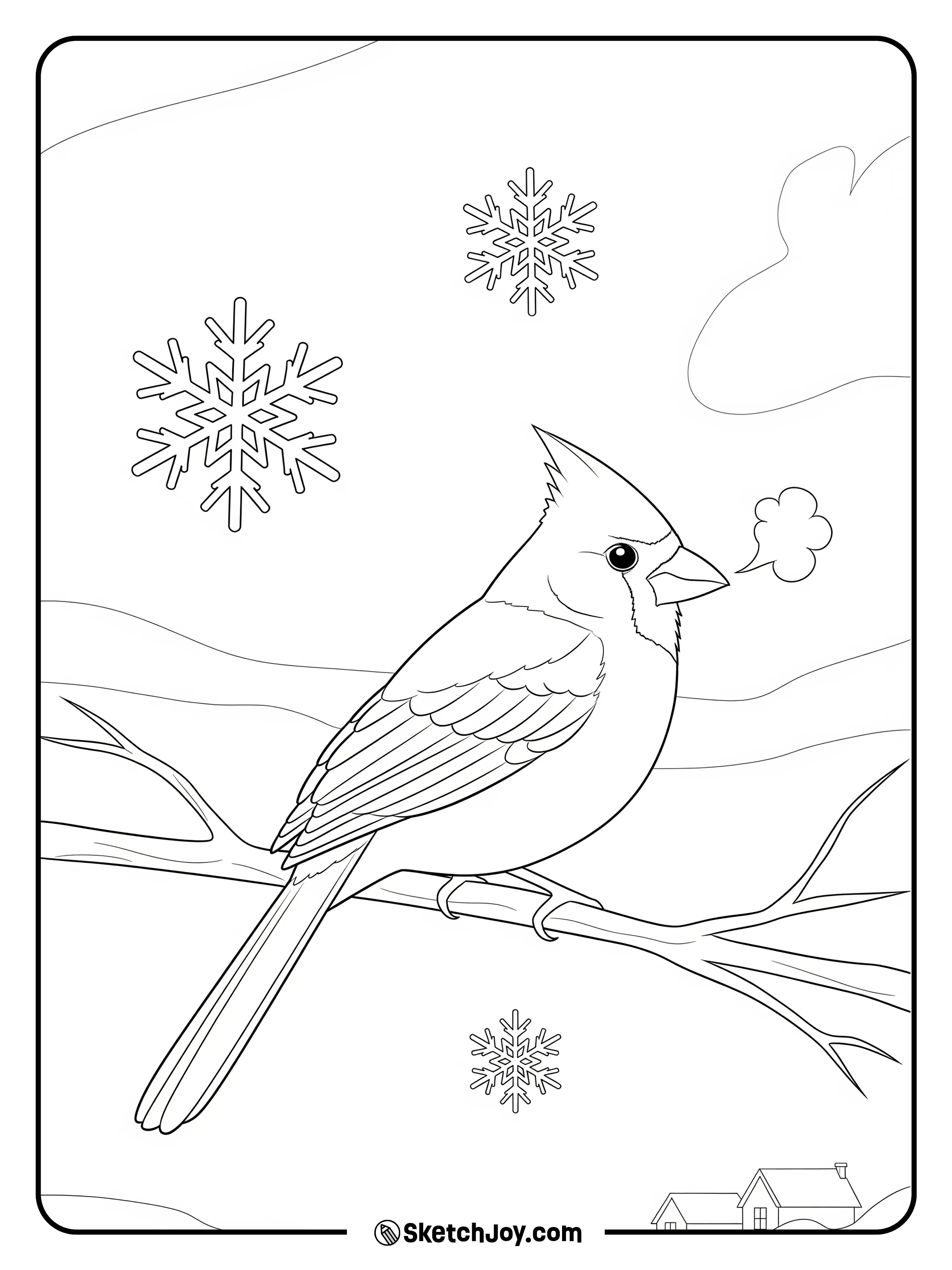 A bold songbird sits on a snowy twig.
