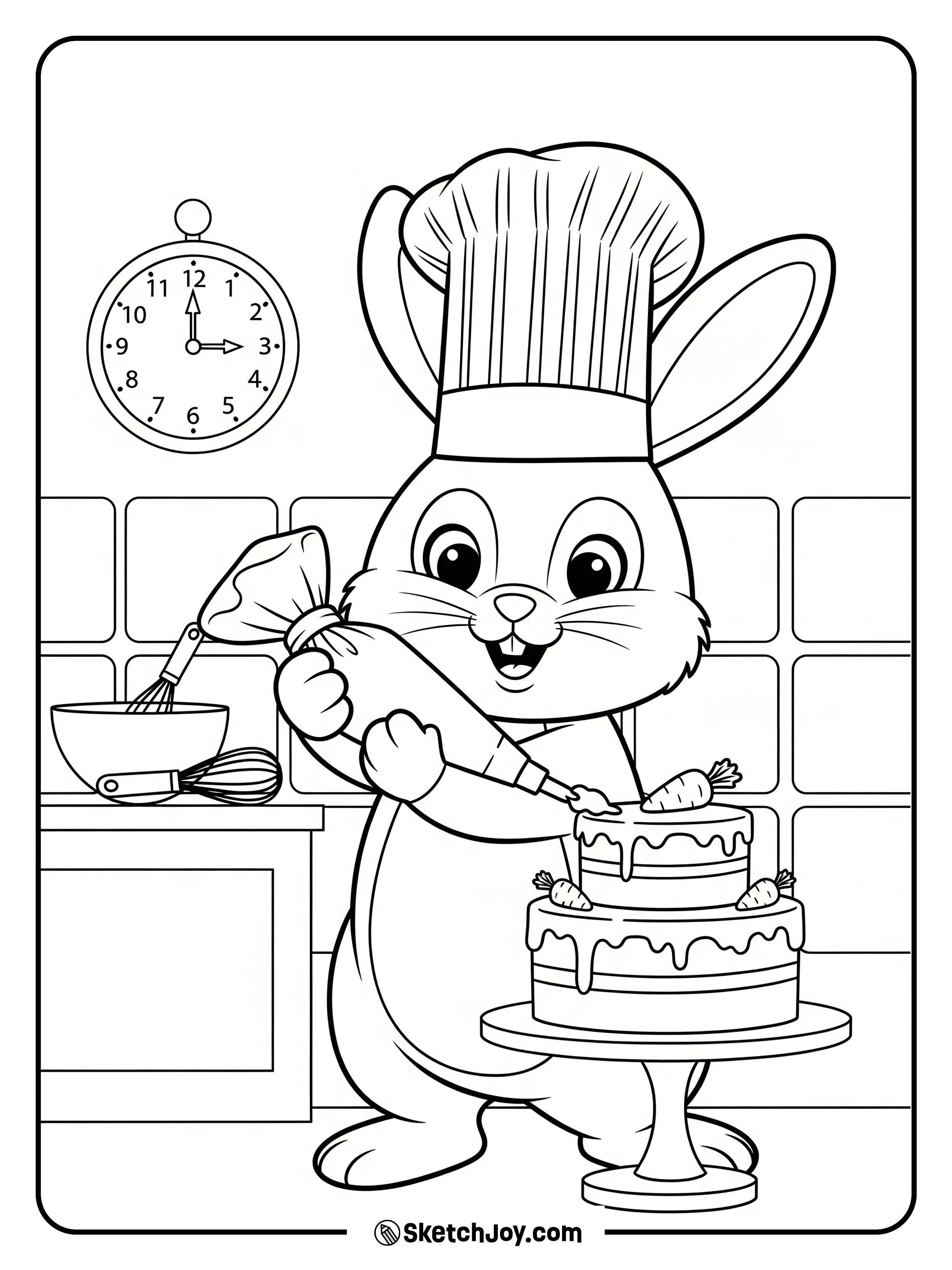 A happy chef bunny pipes icing on a cake.