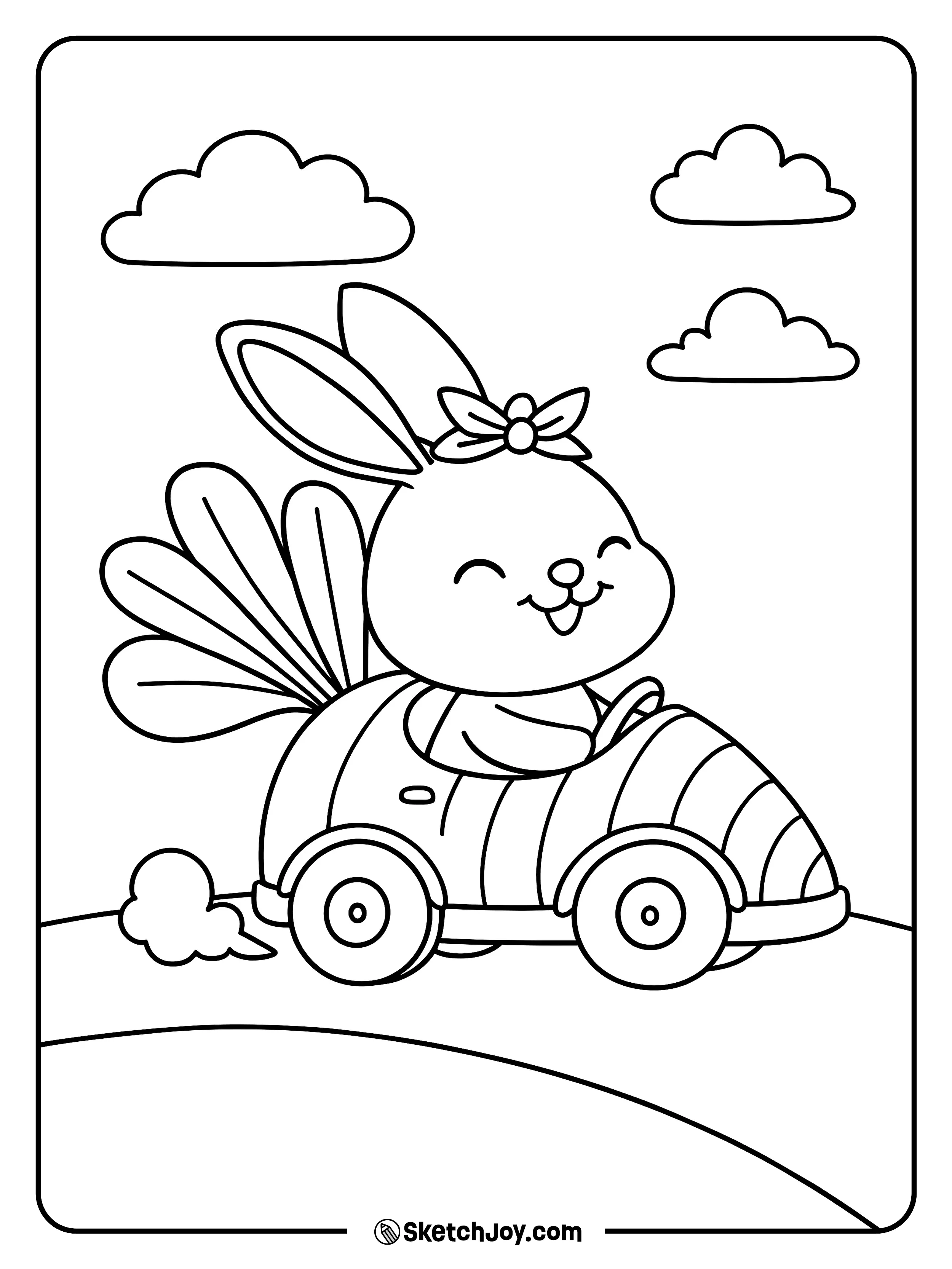 A happy bunny with a bow drives a carrot-shaped mini car on a curvy road.