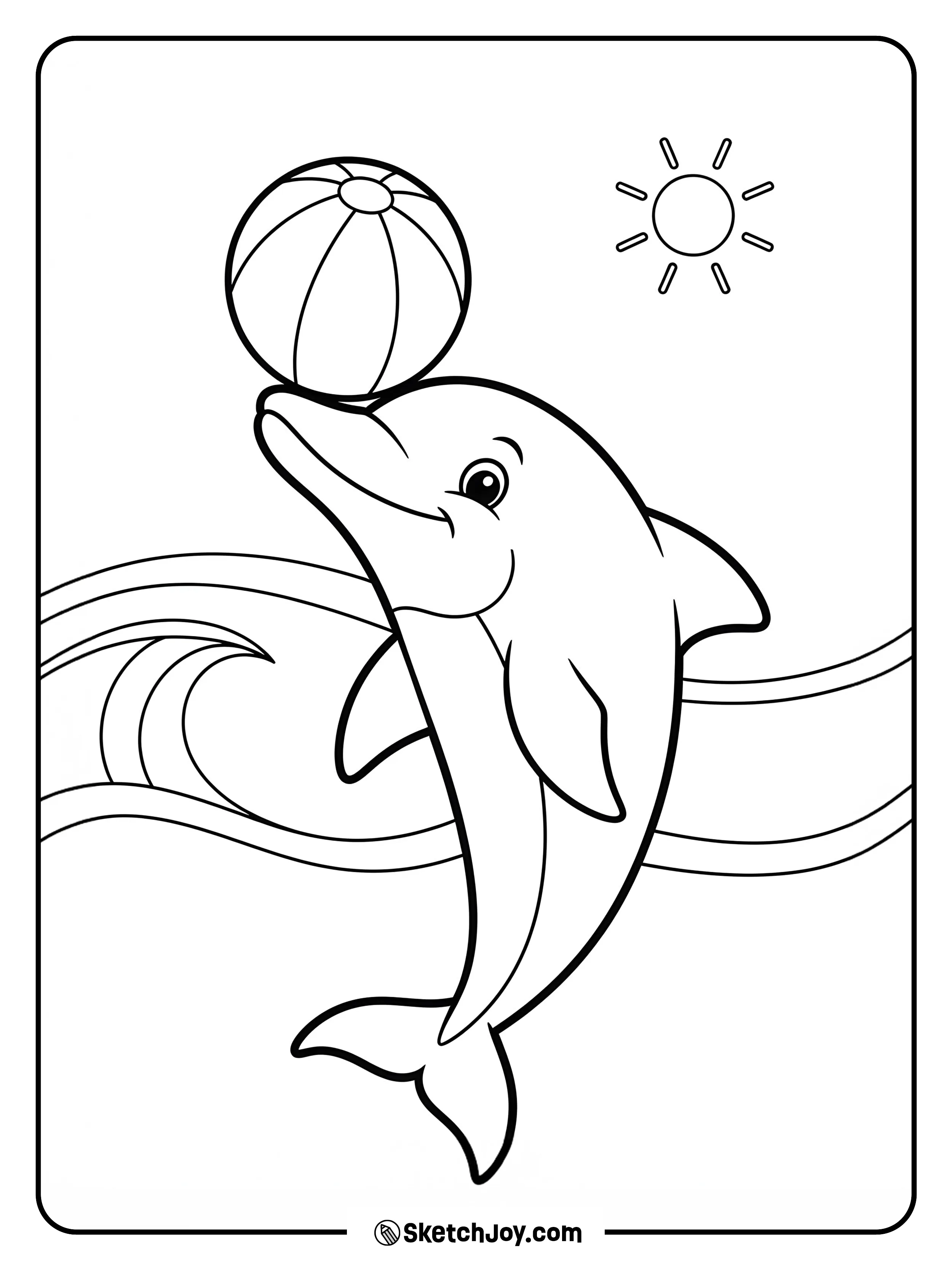 A playful cartoon dolphin holds a striped ball on its nose above a calm sea.