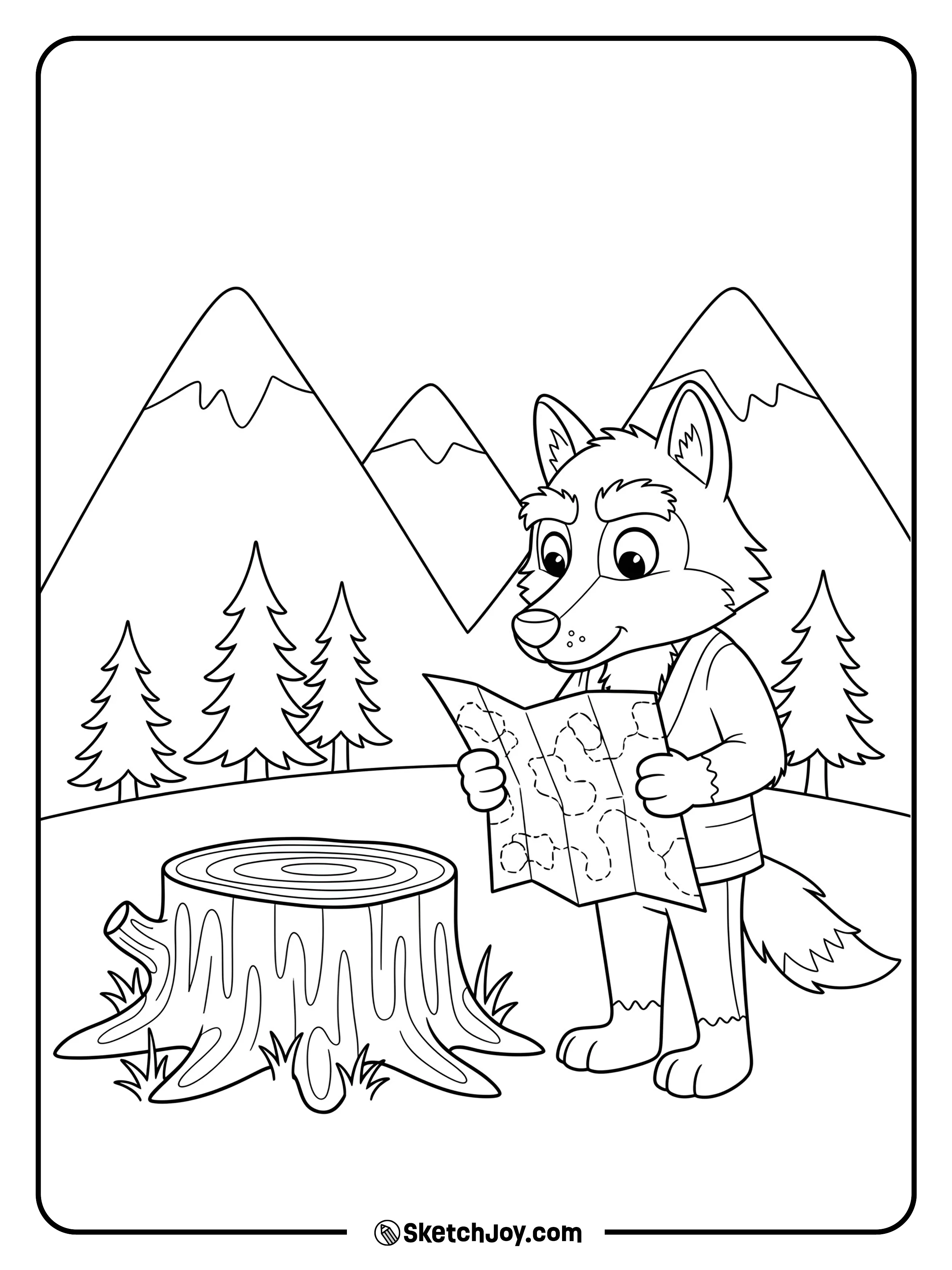 A bold, cartoony wolf studies a simple map on a stump.