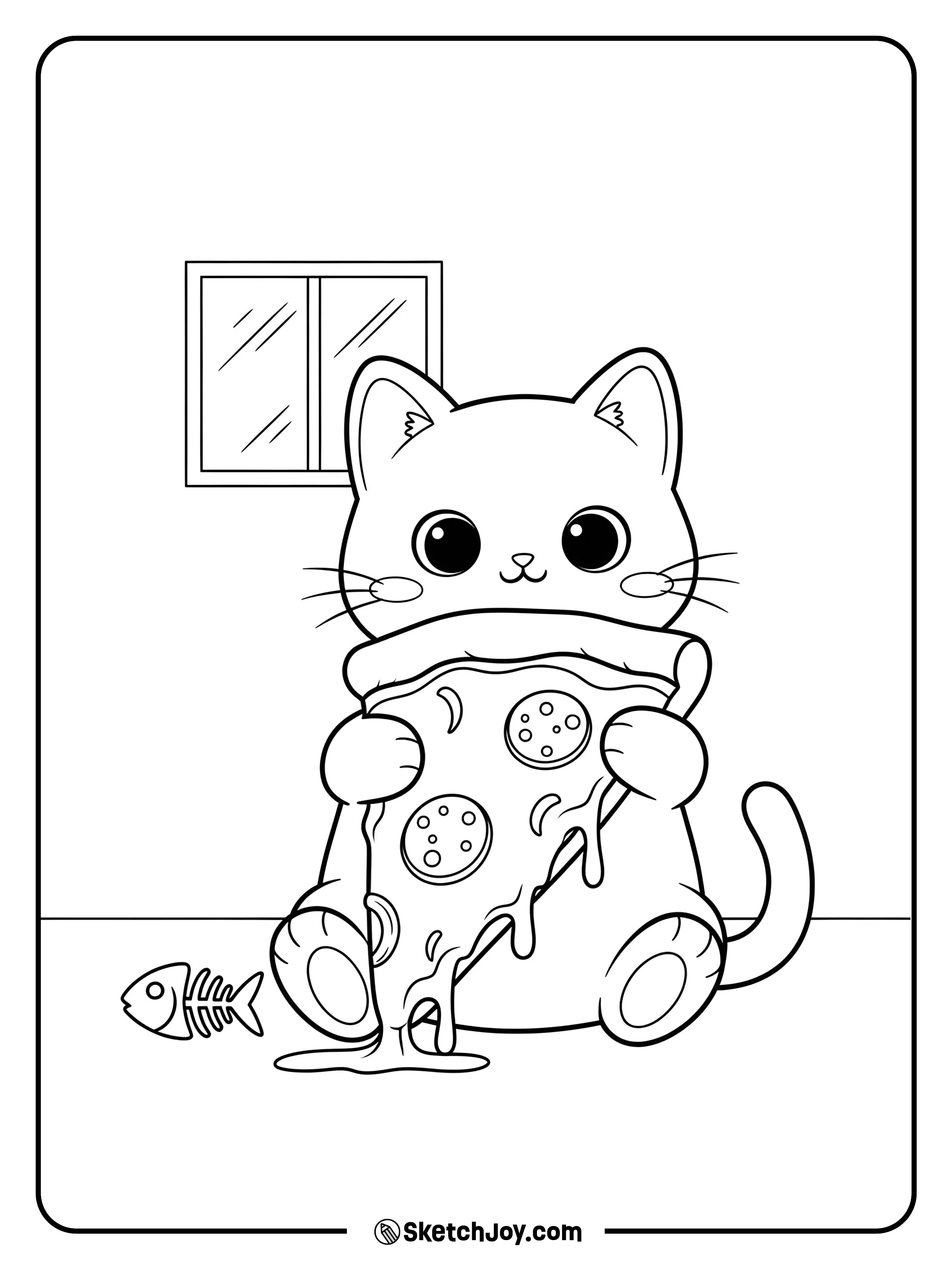 A cute cat hugs a huge slice.