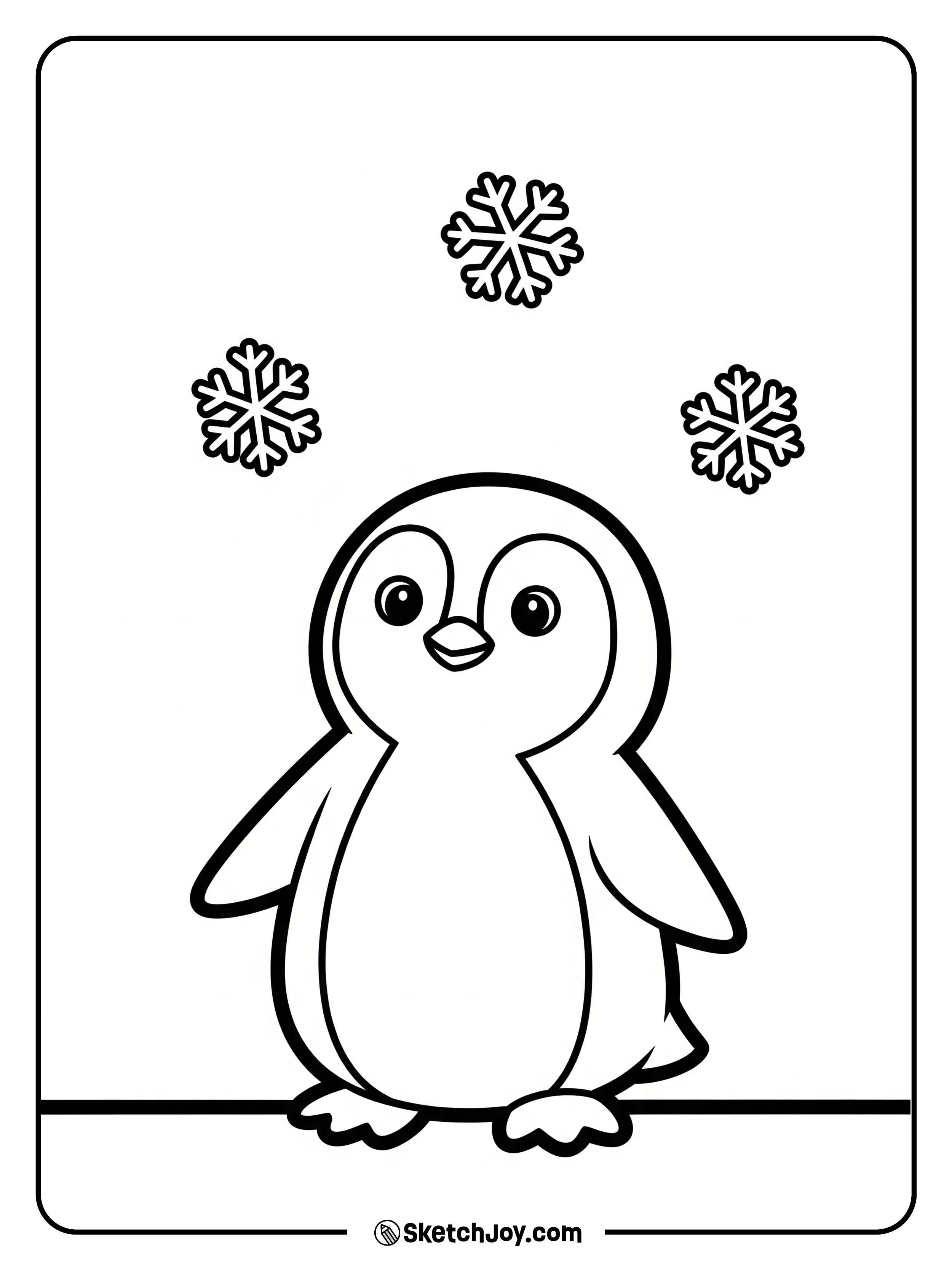 A penguin tilts its beak up to catch a snowflake.