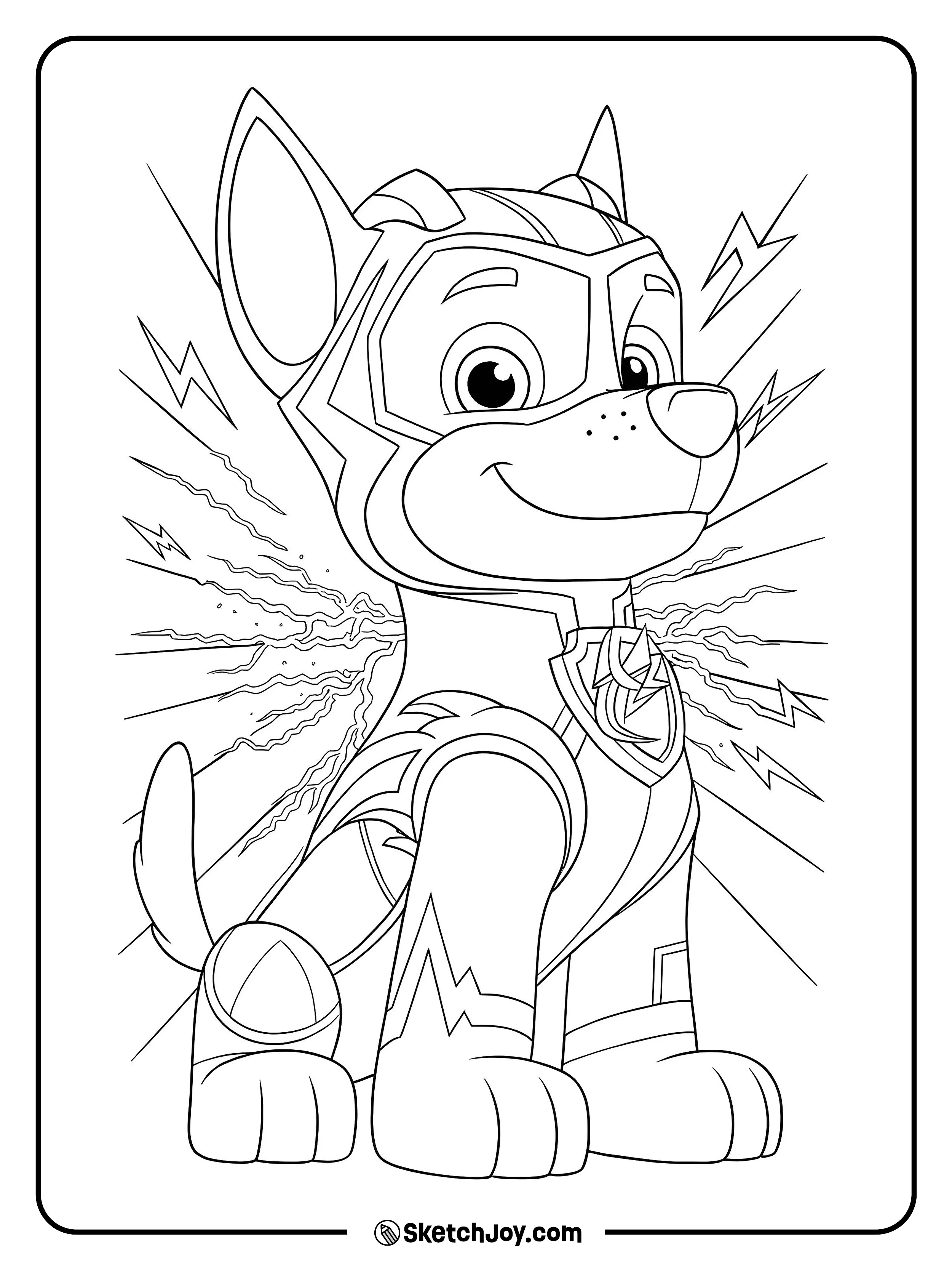 Chase sits proudly in his superhero suit with a confident smile