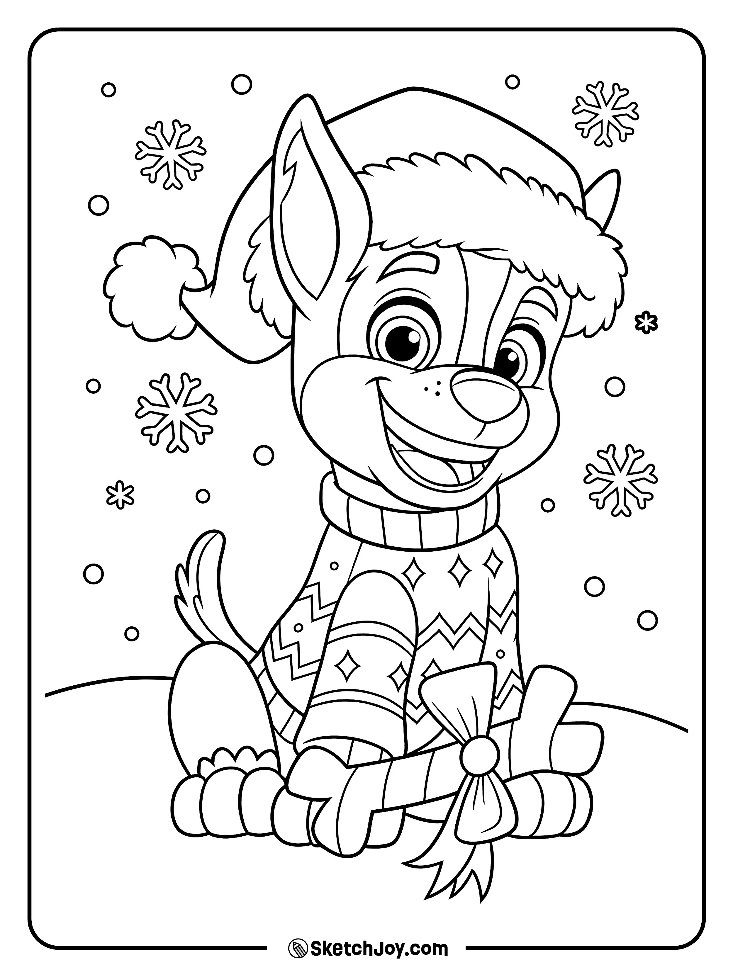 Chase sits happily in a Santa hat and a simple patterned sweater