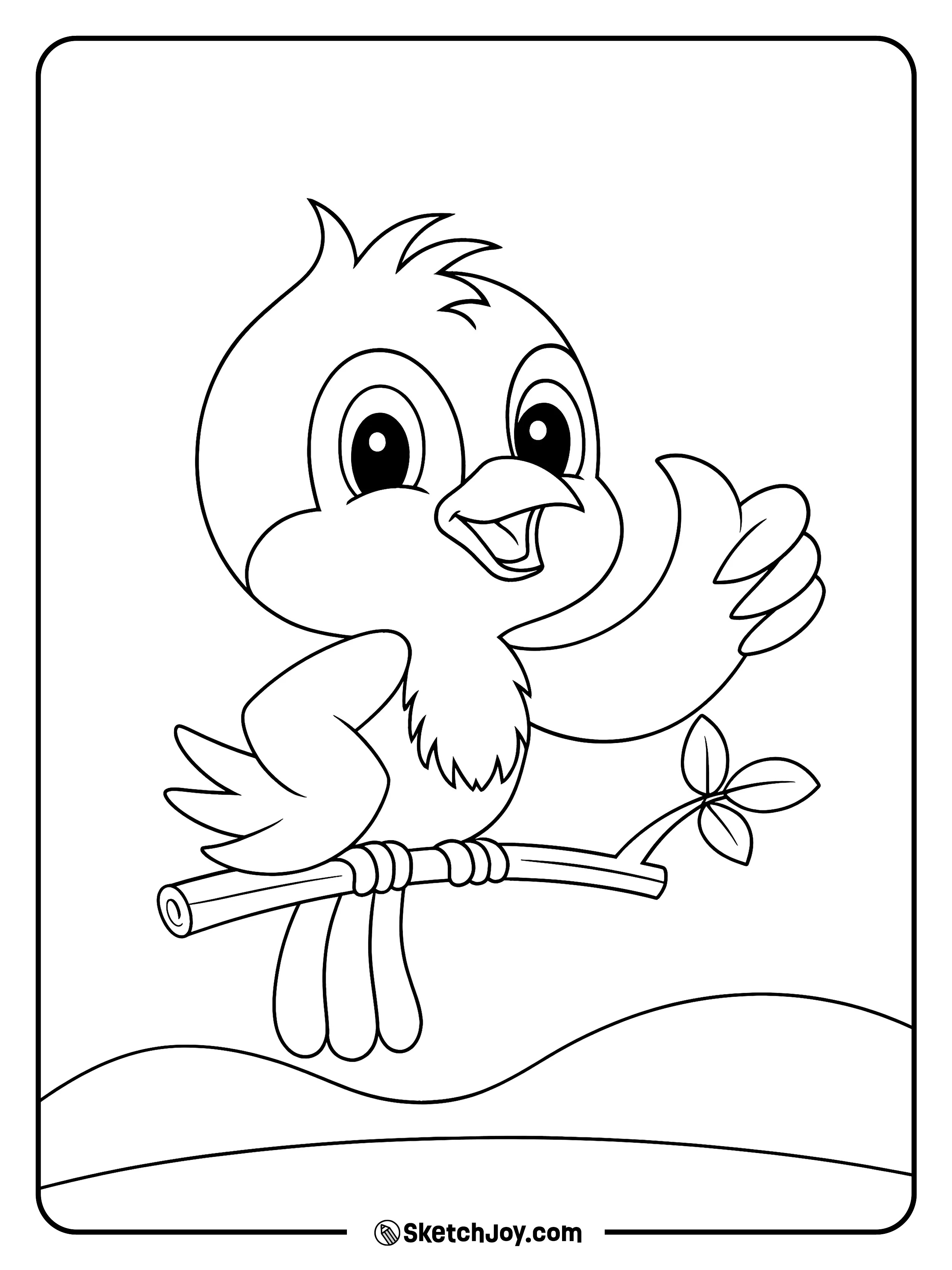 A cute bird waves from a branch over soft hills.