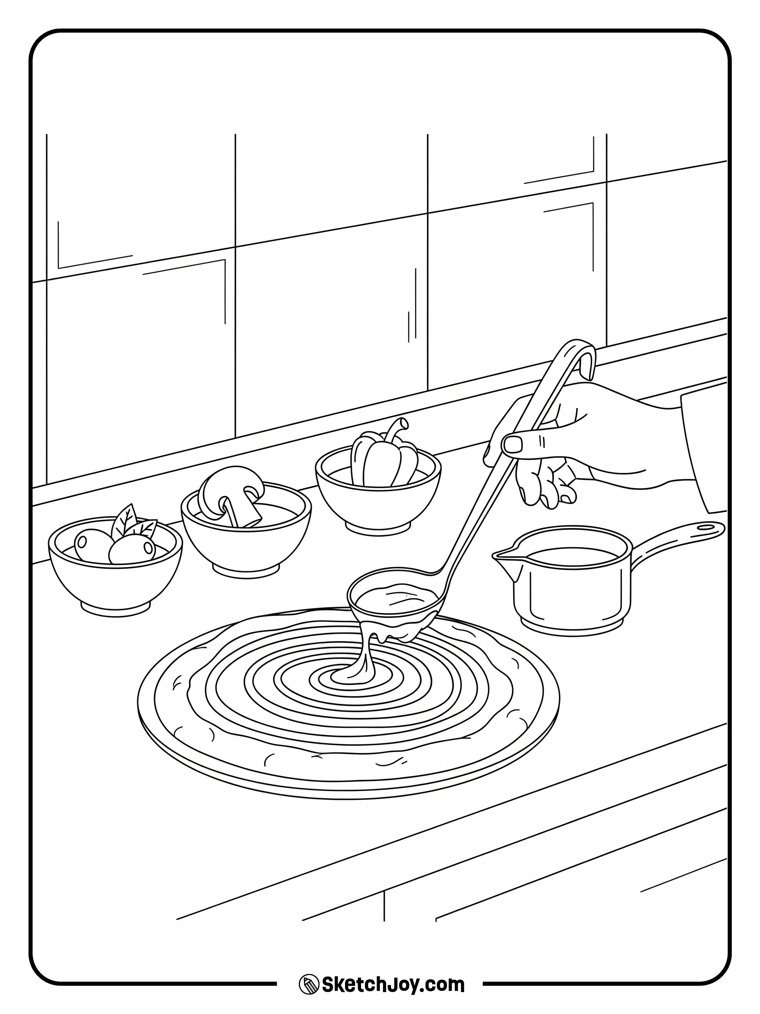 Chef uses a ladle to spread sauce on dough.