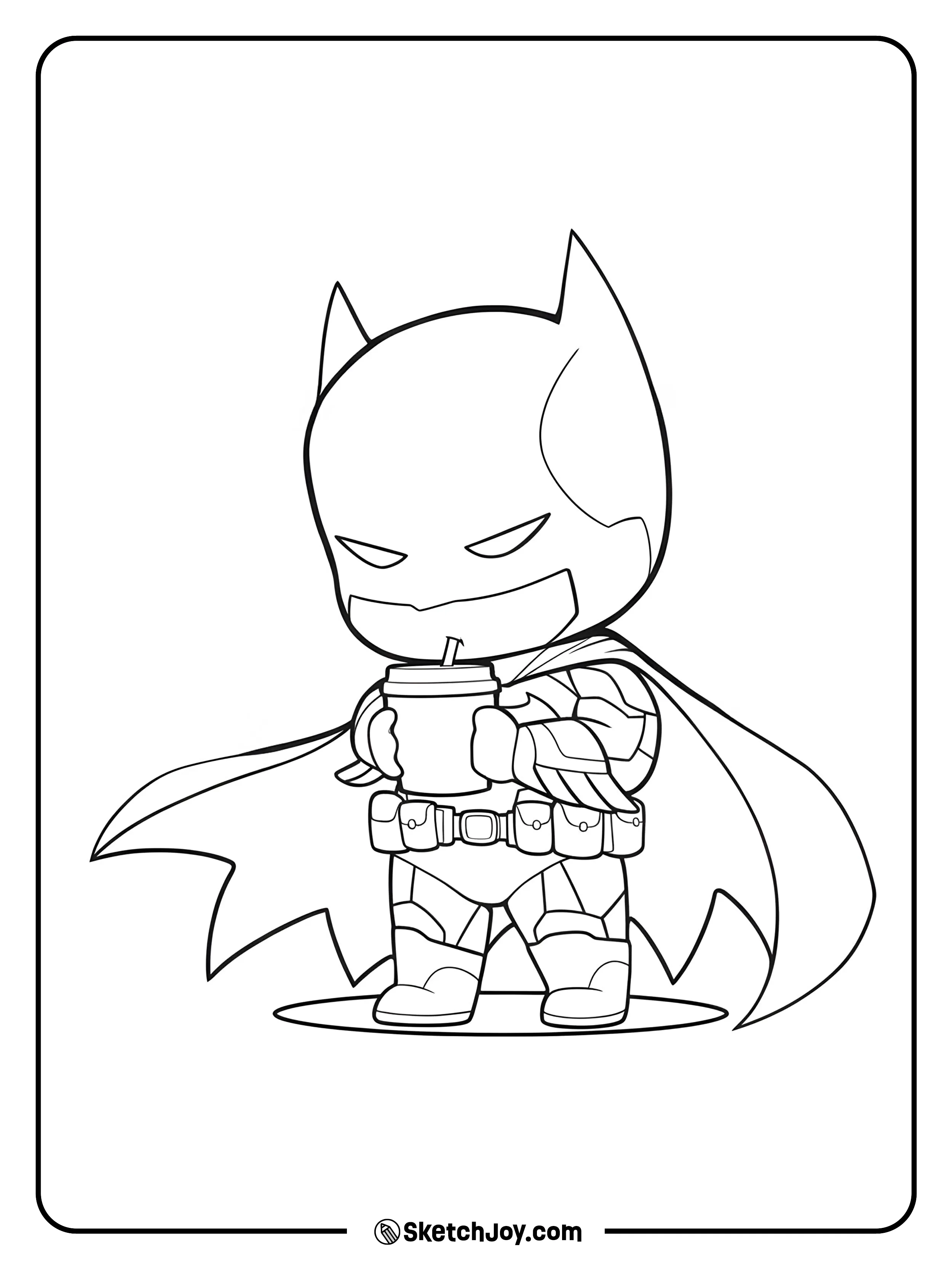 Batman in small chibi style sips from a cup