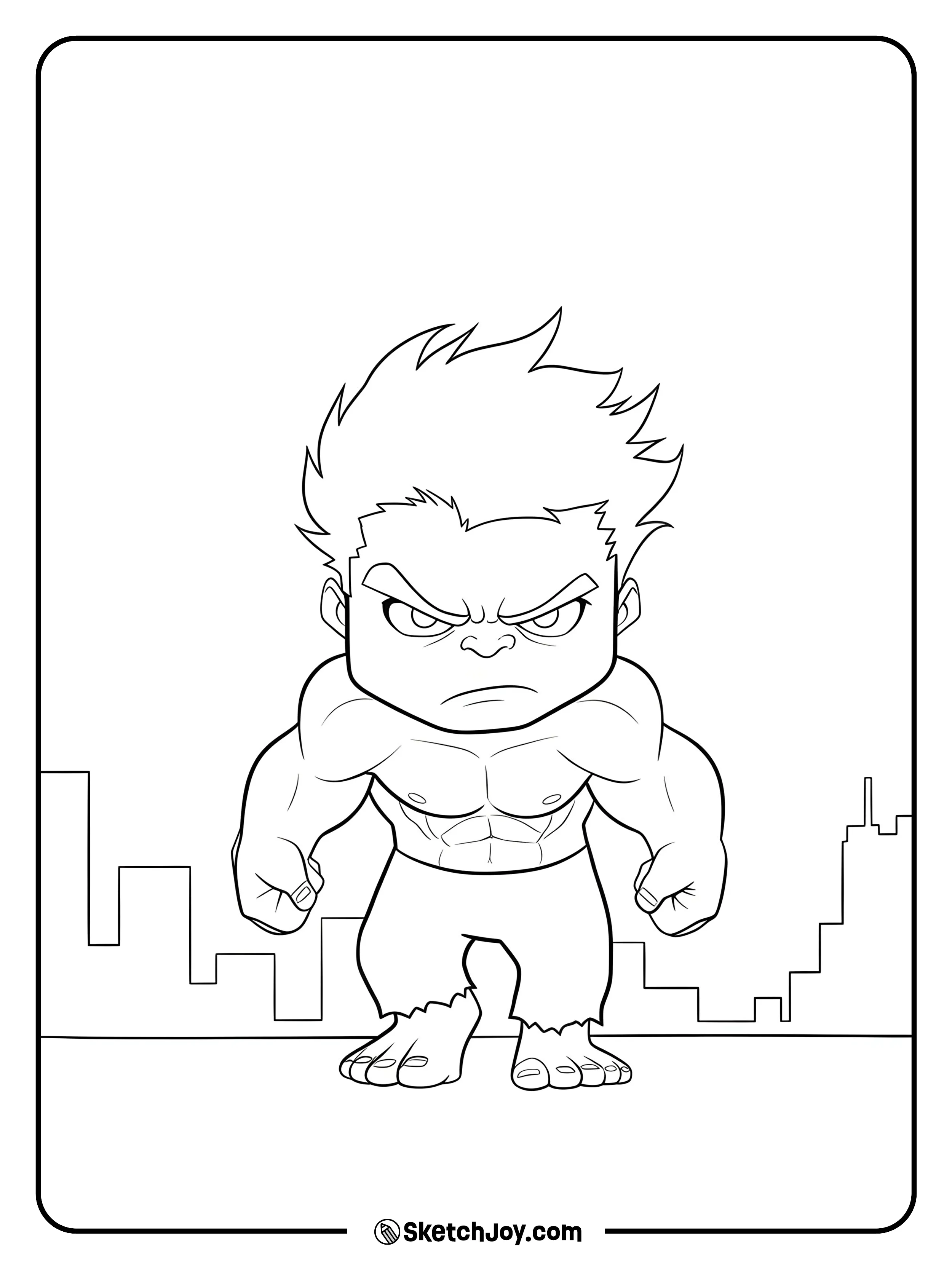 tiny, tough Hulk stands with clenched fists.