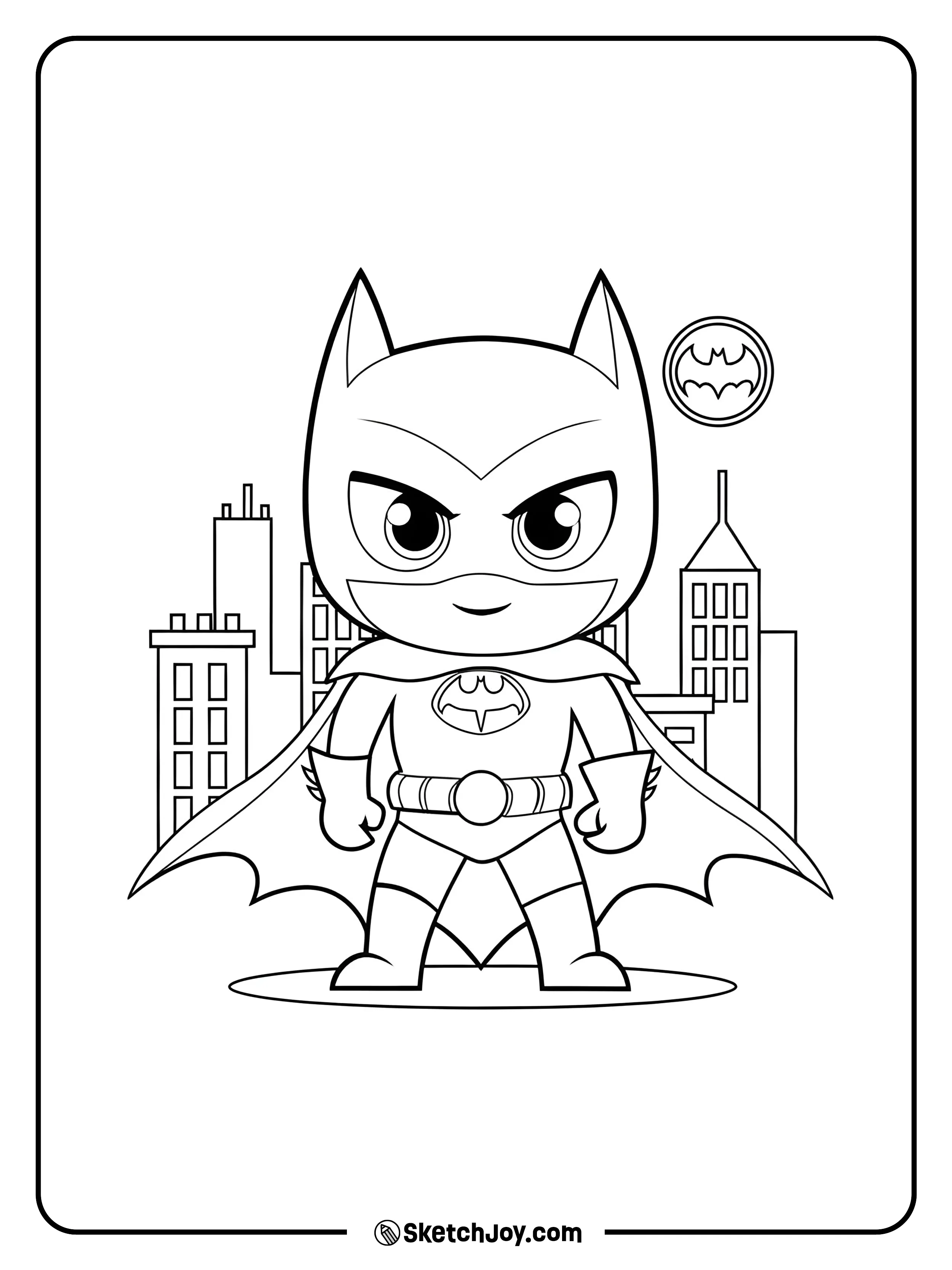 A cute small Batman stands brave while the signal shines.