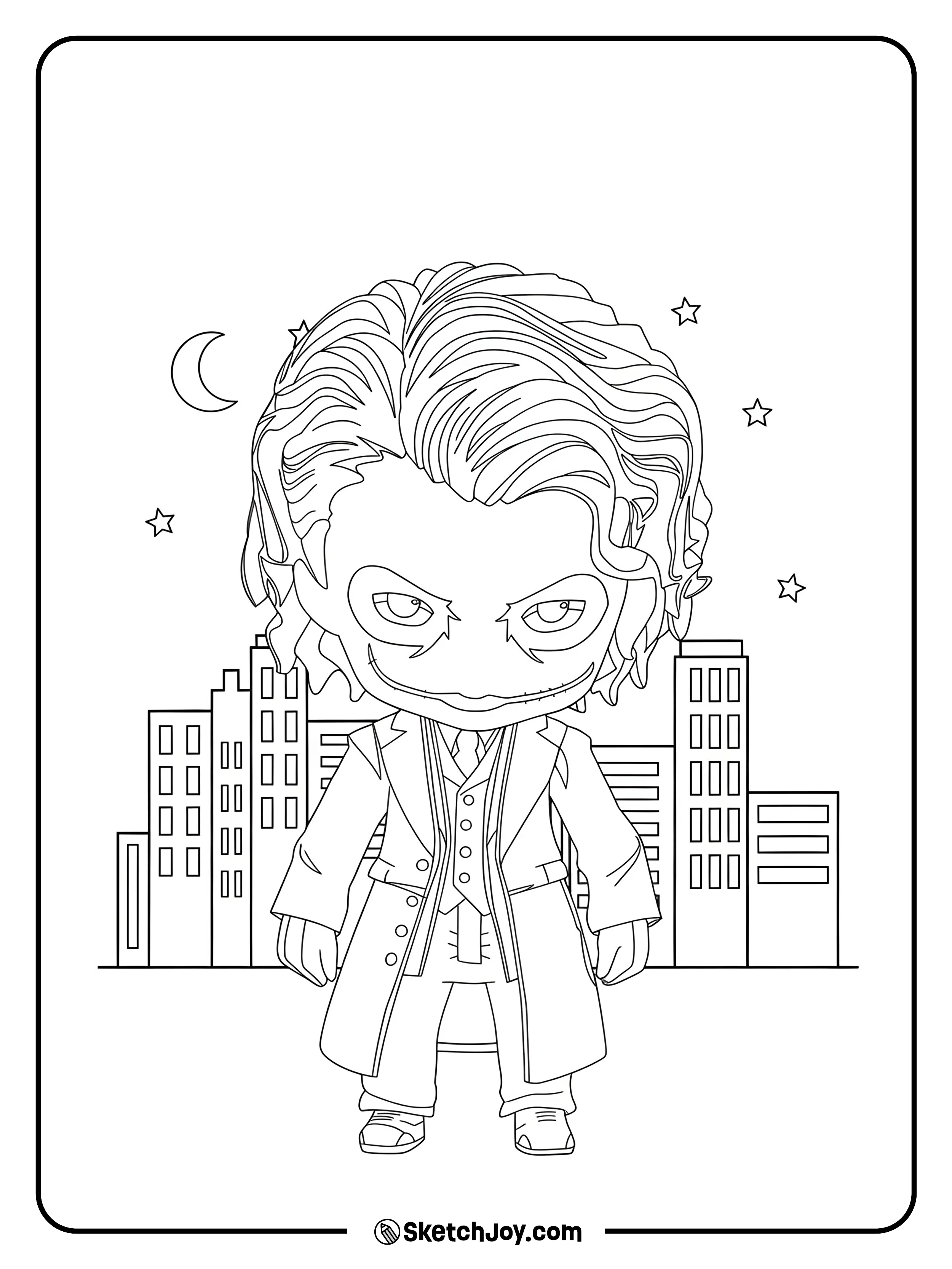 Joker in small chibi style stands before tall city blocks