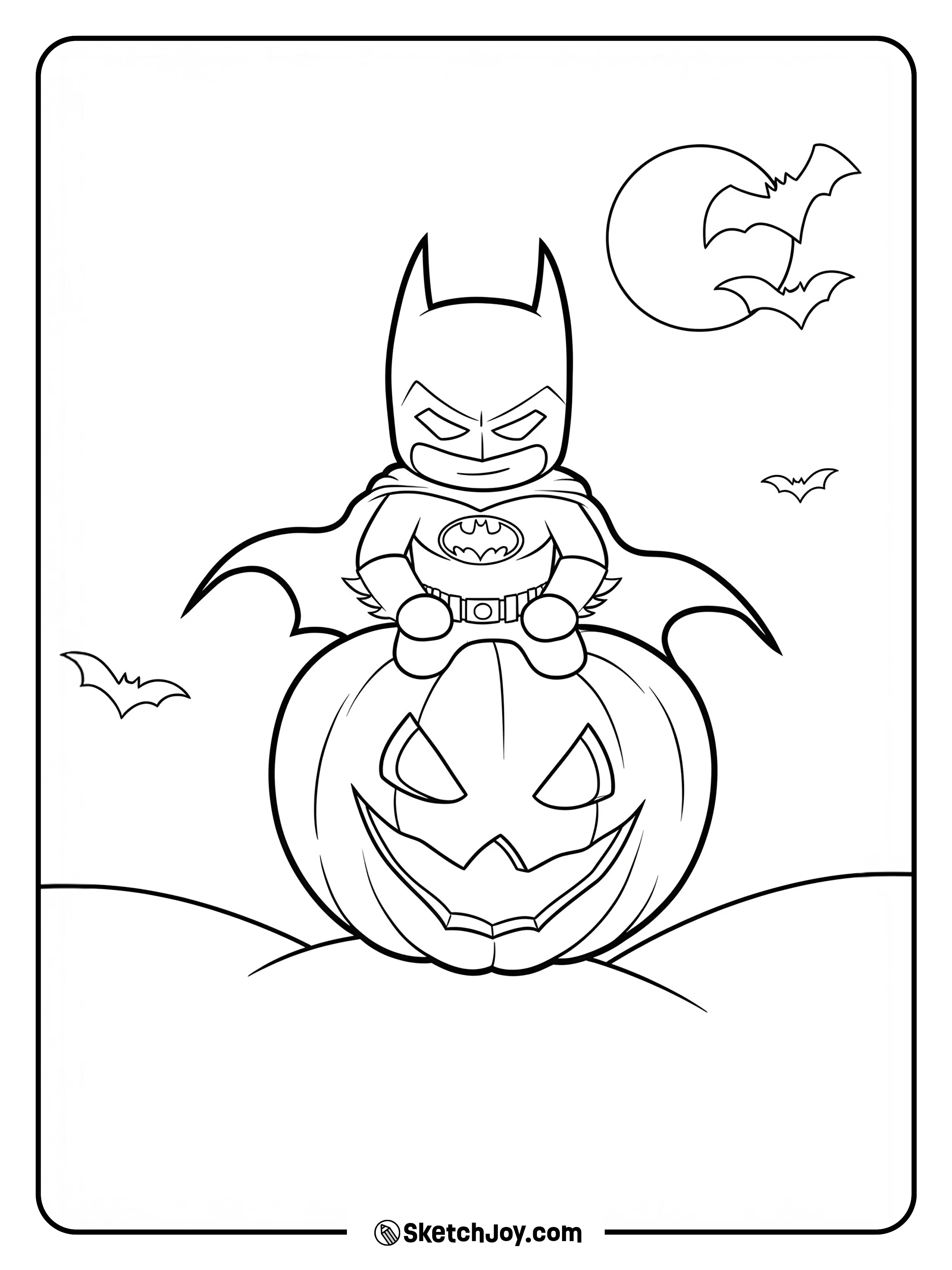Batman sits on a carved pumpkin under the moon