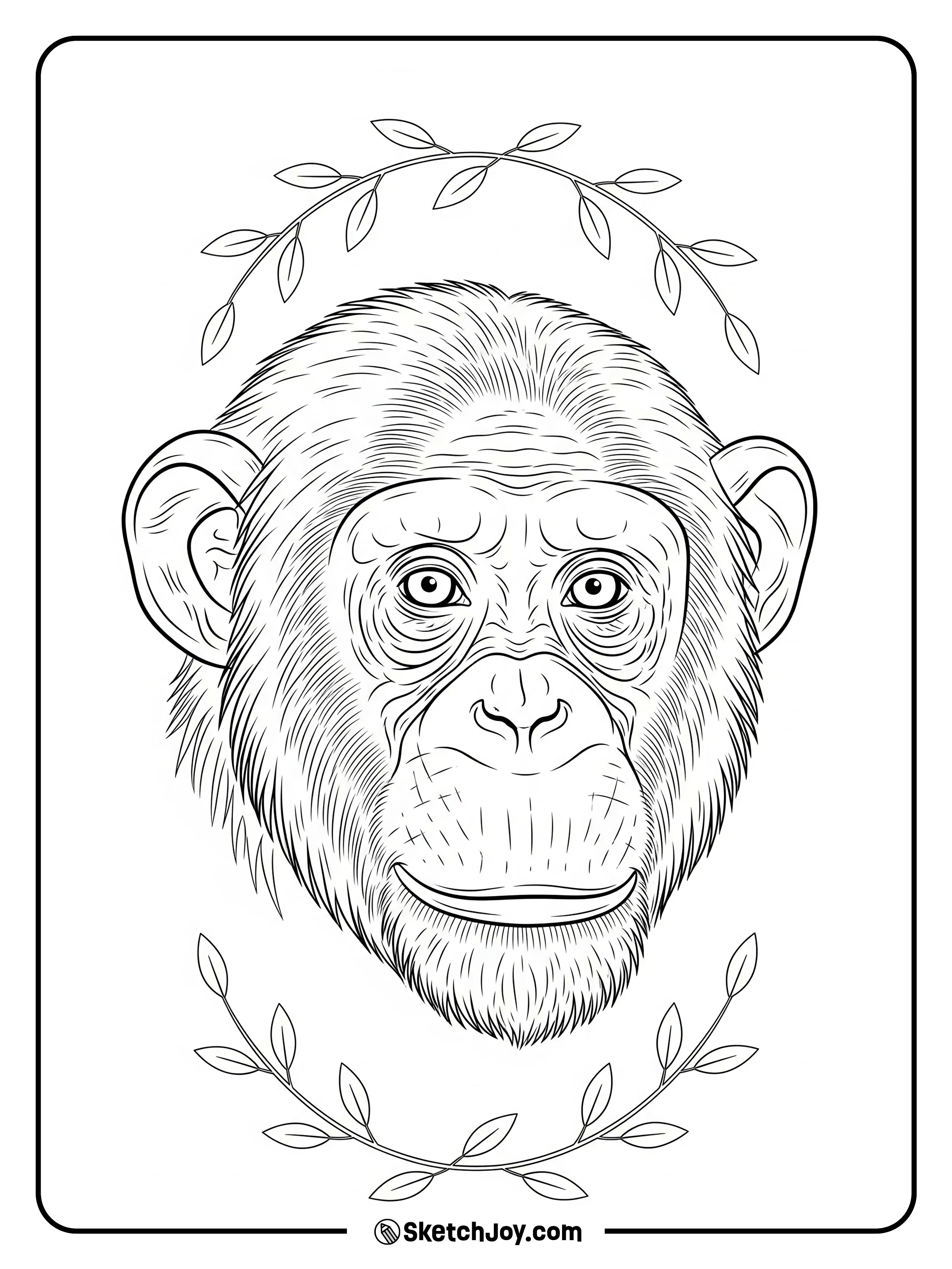 A face view of a chimp with strong eyes and soft fur lines.