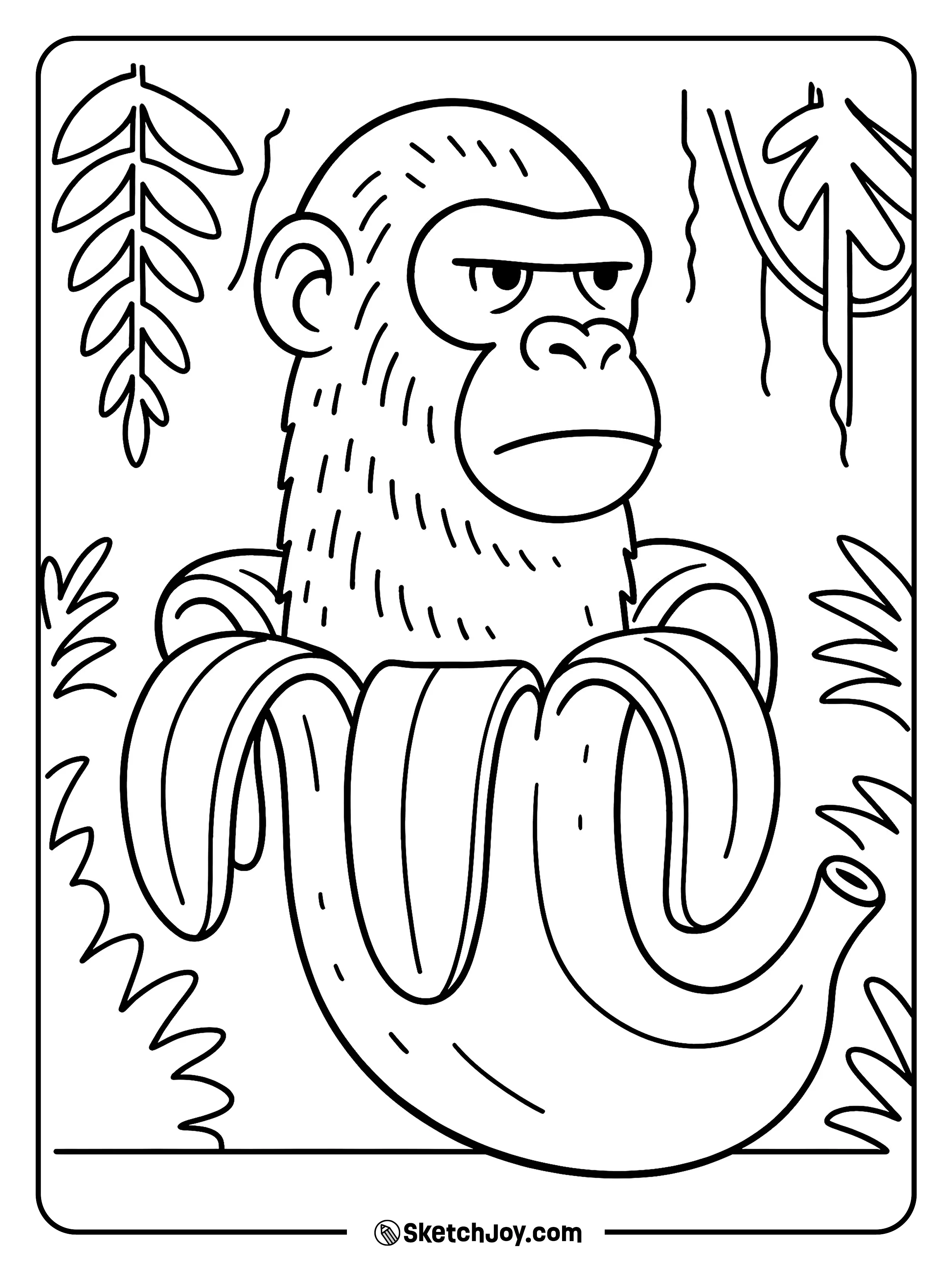 Chimpanzini Bananini peeking from a big banana in the jungle.