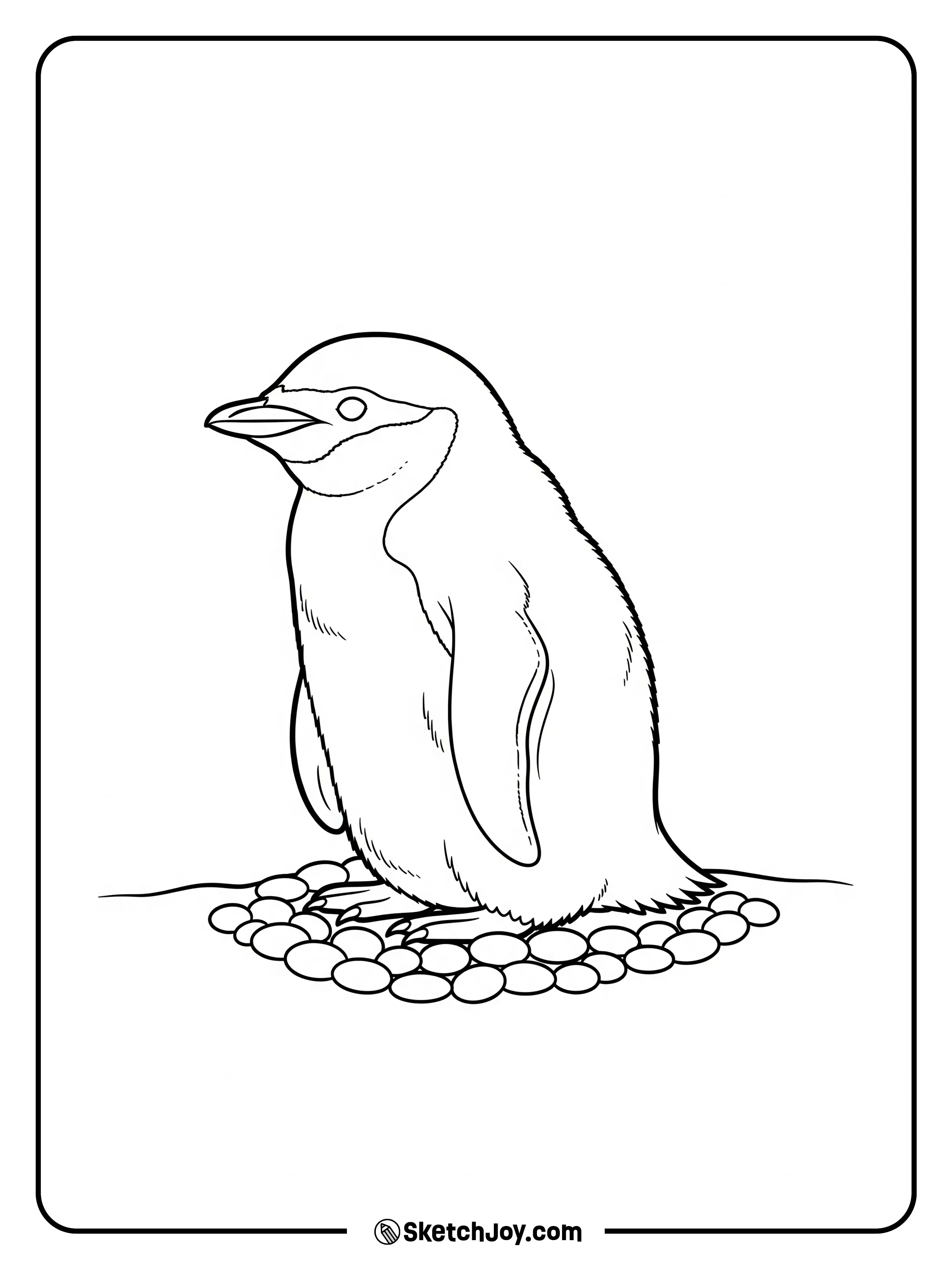 A chinstrap penguin guards a pebble nest.