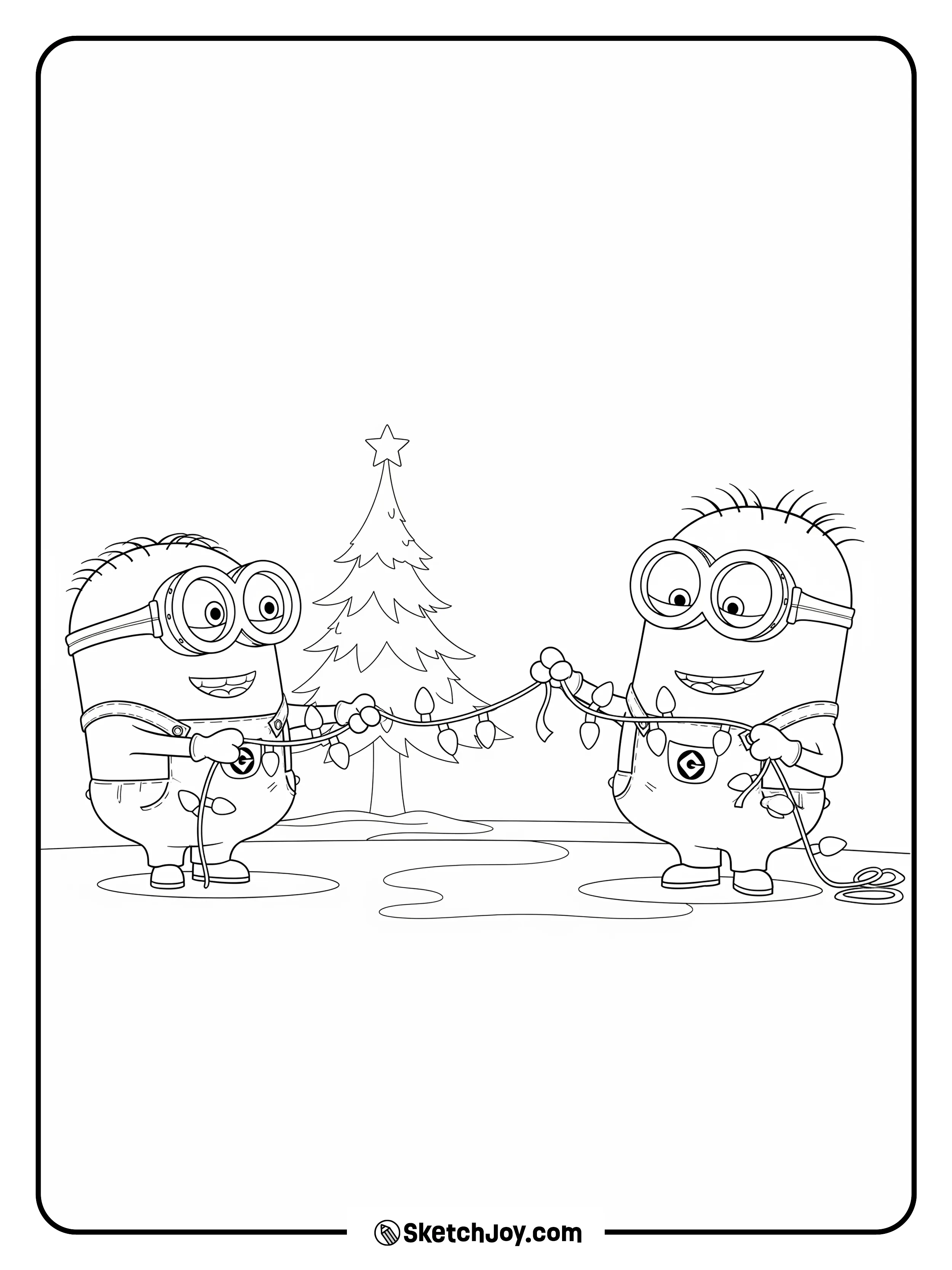 Two Minions share a string of lights.