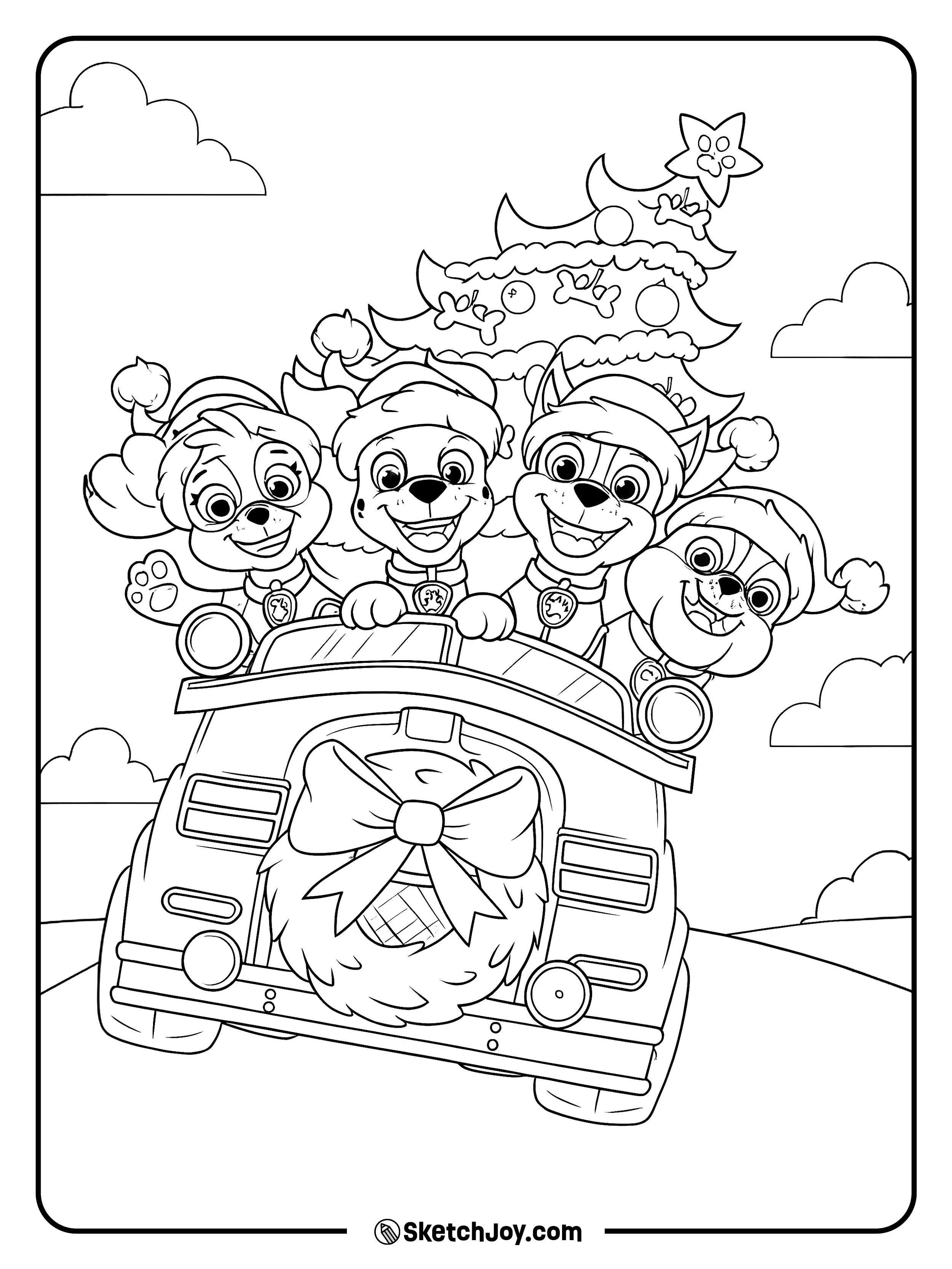 Skye, Marshall, Chase, and Rubble pop out of a festive truck