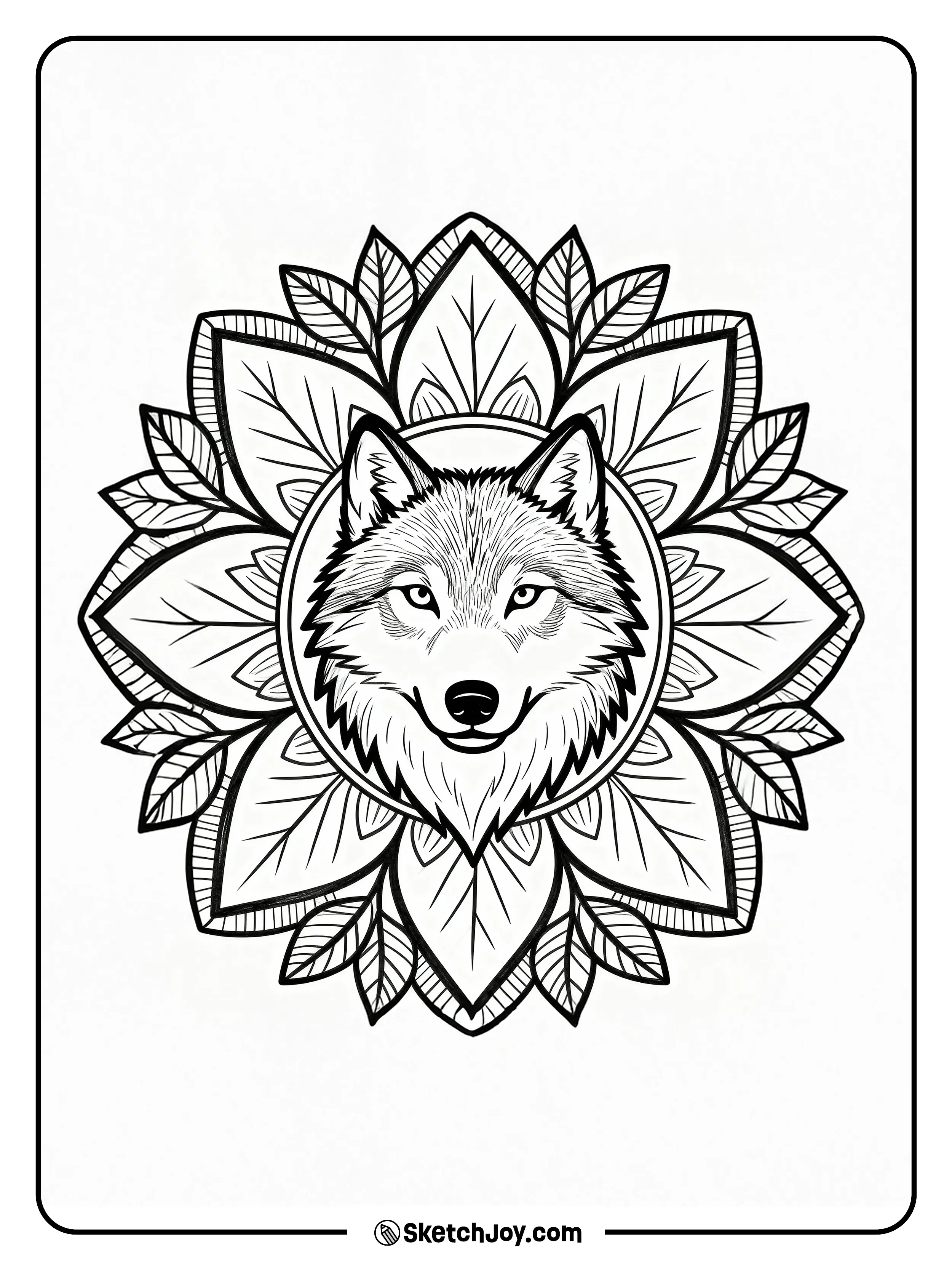 A calm wolf head sits inside a round mandala made of leaves and lines.