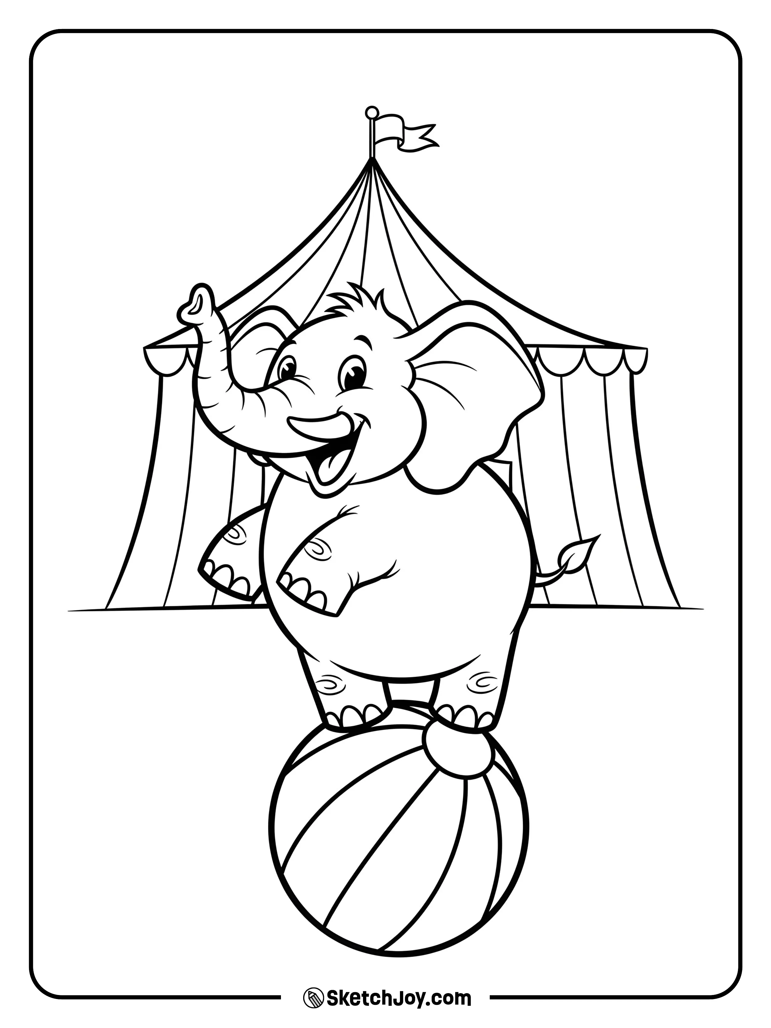 A lively elephant balances one foot on a ball with a striped tent far behind.