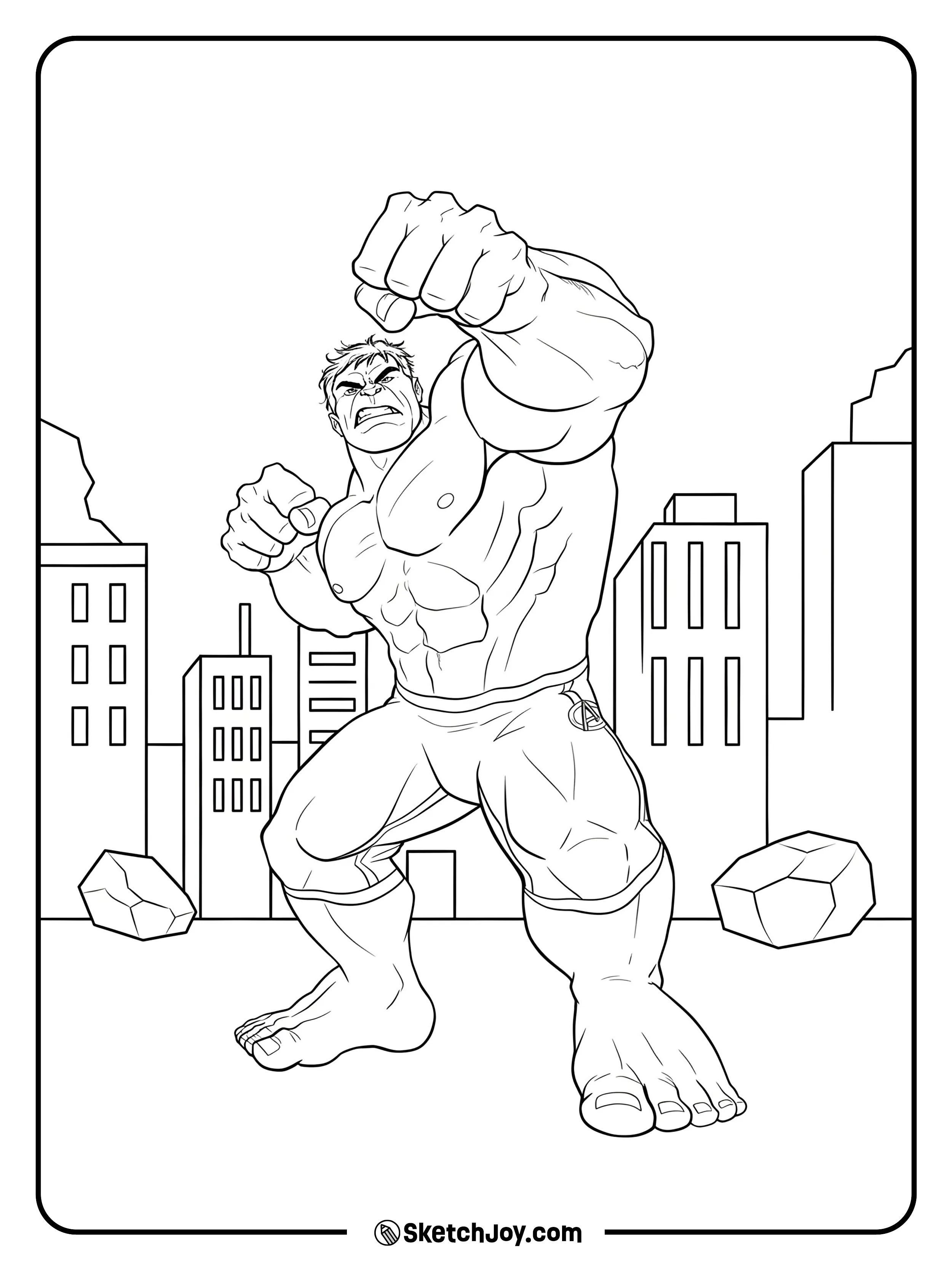 Hulk throws a hard punch while stepping through a city street.